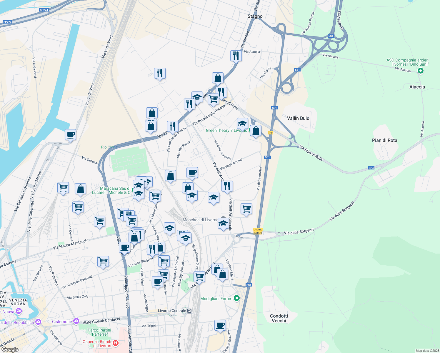 map of restaurants, bars, coffee shops, grocery stores, and more near Via dei Cordai in Livorno