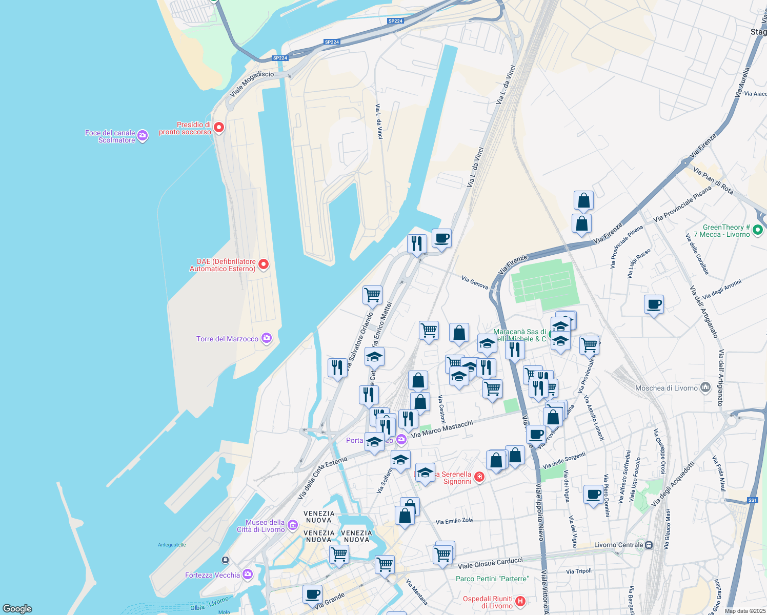 map of restaurants, bars, coffee shops, grocery stores, and more near 25 Via Enrico Mattei in Livorno