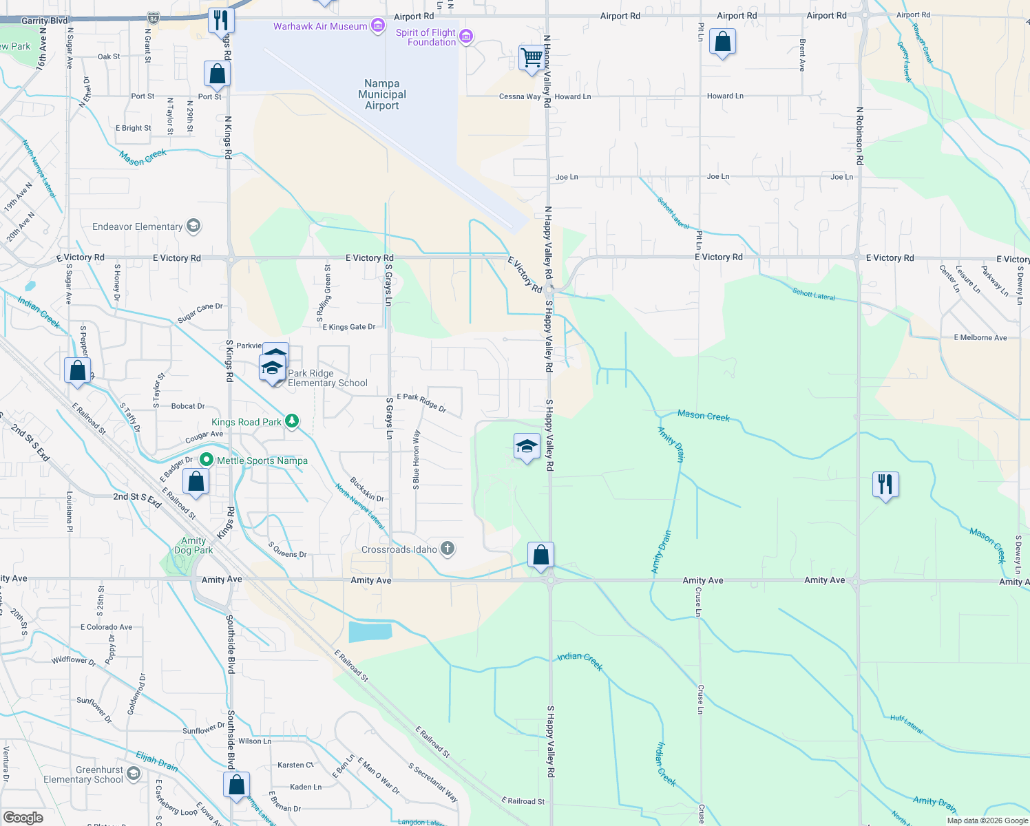 map of restaurants, bars, coffee shops, grocery stores, and more near 95 South Smiley Court in Nampa