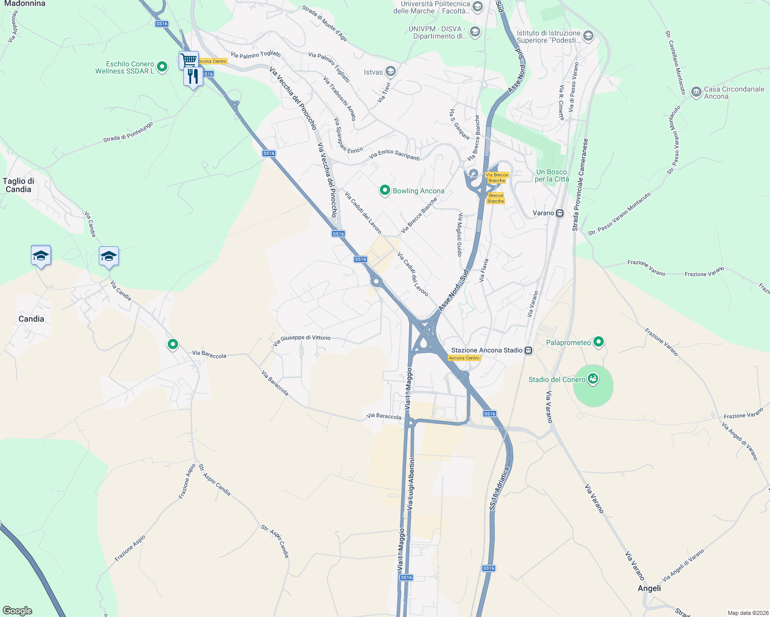 map of restaurants, bars, coffee shops, grocery stores, and more near 14 Via Bruno Buozzi in Ancona