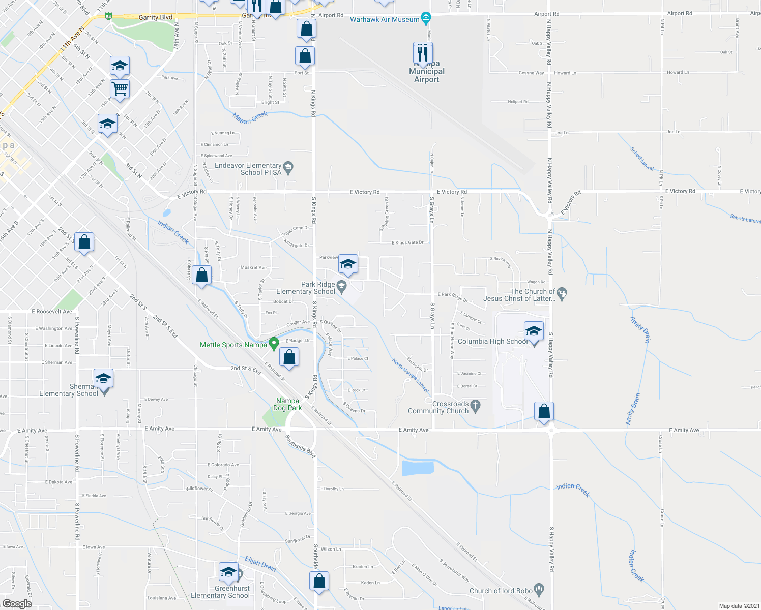 map of restaurants, bars, coffee shops, grocery stores, and more near 95 South Rolling Green Street in Nampa