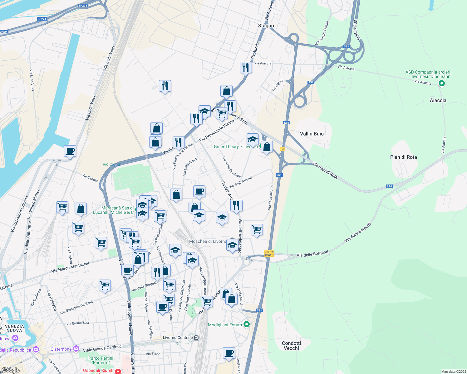 map of restaurants, bars, coffee shops, grocery stores, and more near Via dei Cordai in Livorno