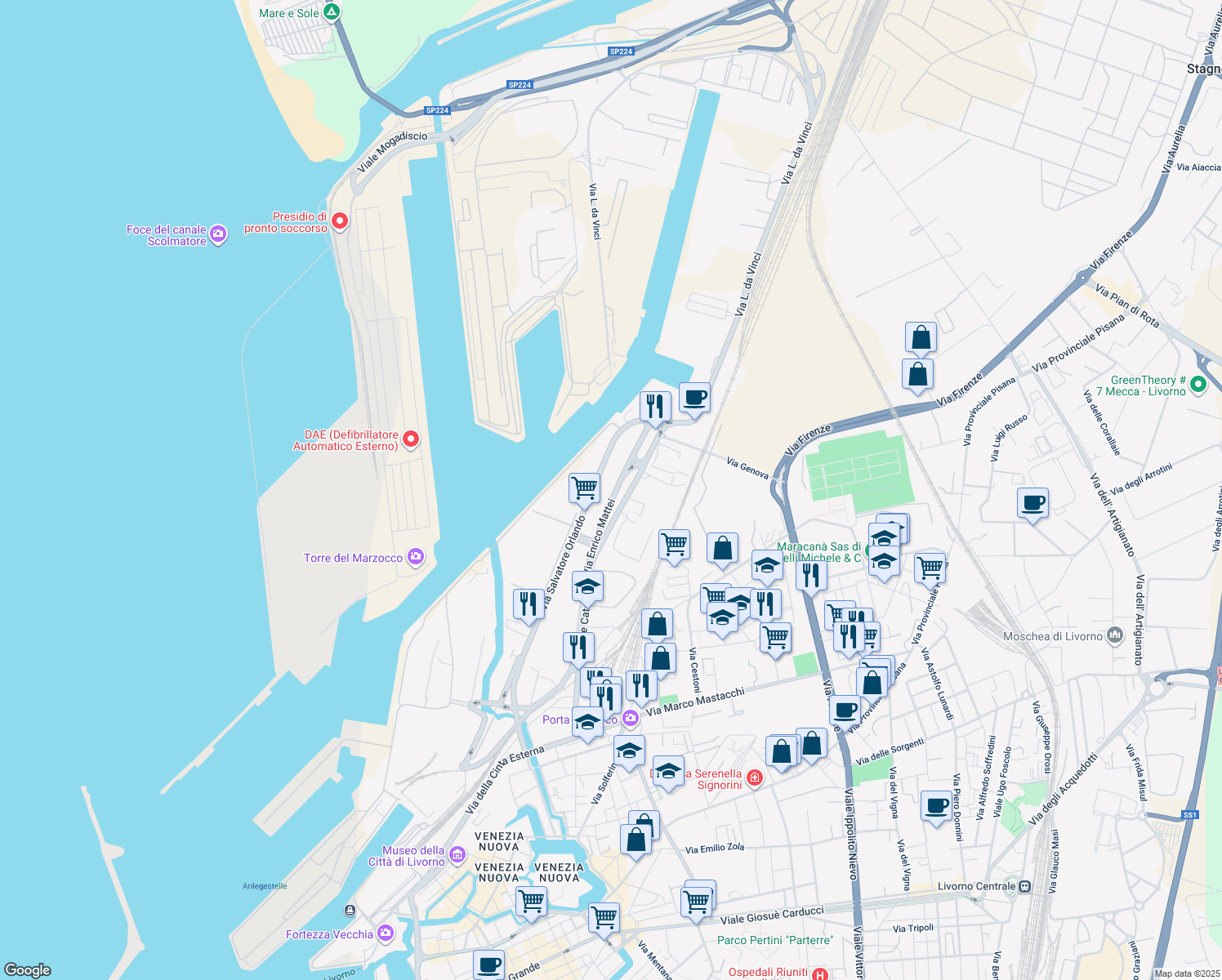 map of restaurants, bars, coffee shops, grocery stores, and more near 25 Via Enrico Mattei in Livorno