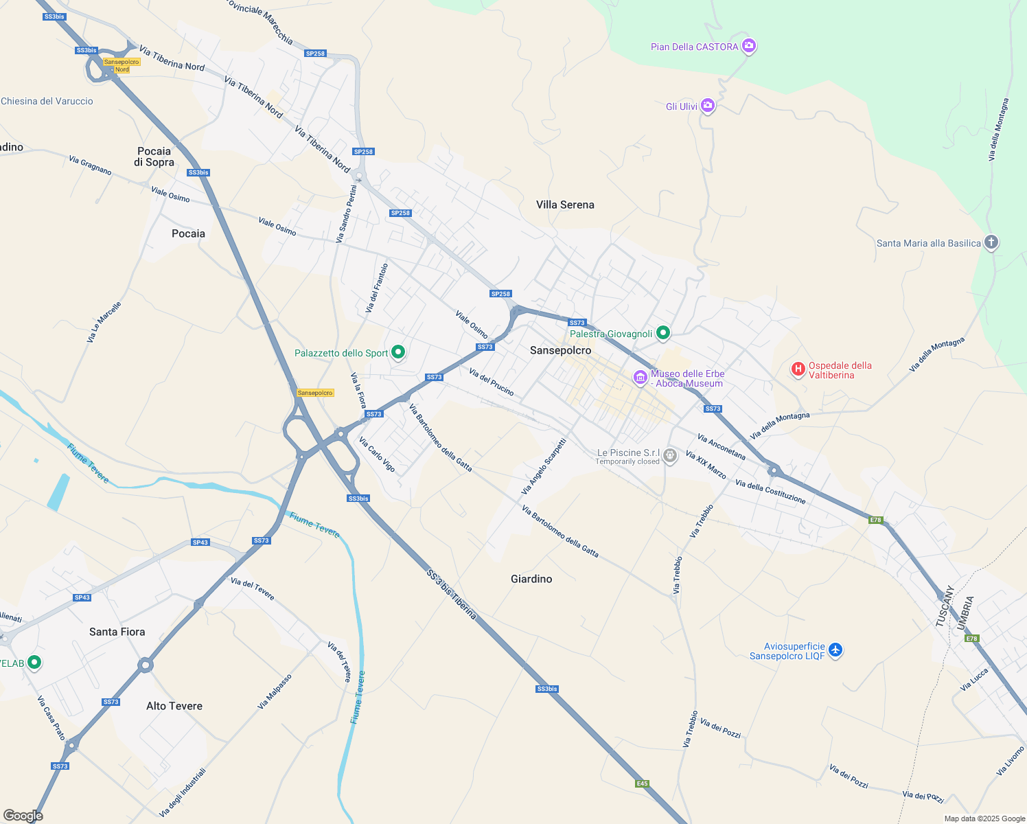 map of restaurants, bars, coffee shops, grocery stores, and more near 2E Via del Prucino in Sansepolcro