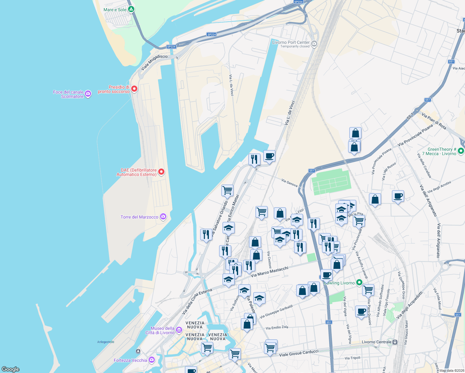 map of restaurants, bars, coffee shops, grocery stores, and more near 44 Via Orlando Salvatore in Livorno
