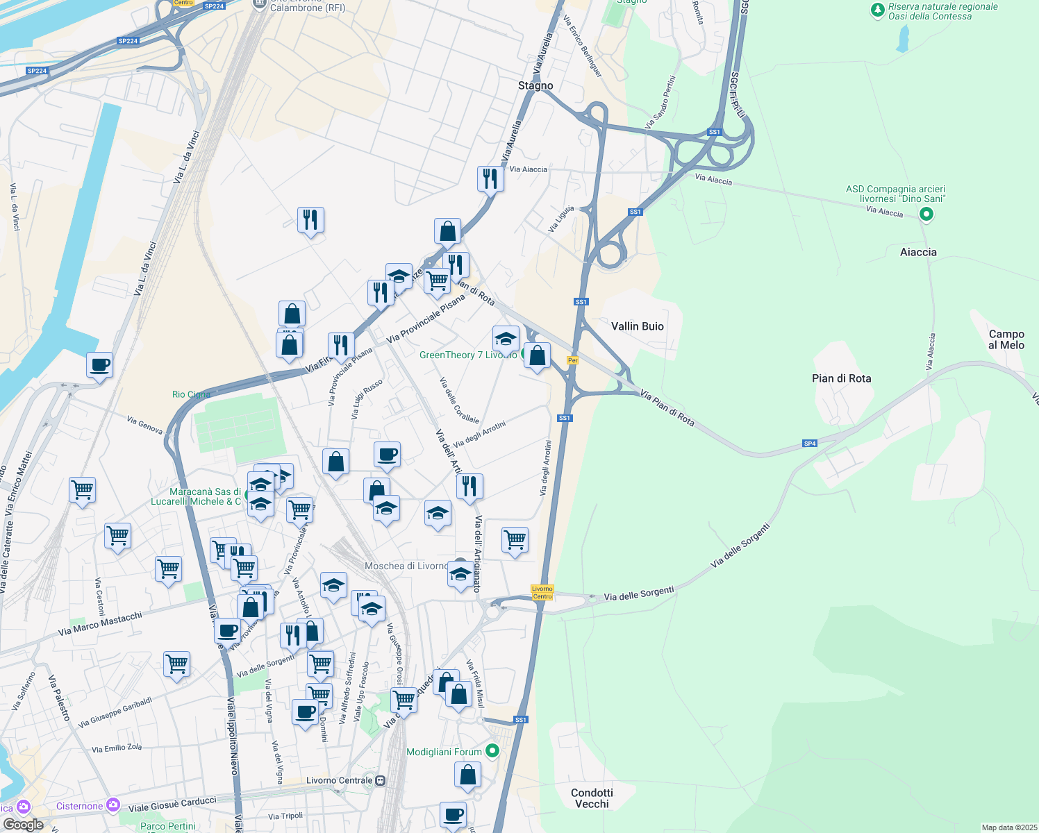 map of restaurants, bars, coffee shops, grocery stores, and more near 70 Via degli Arrotini in Livorno