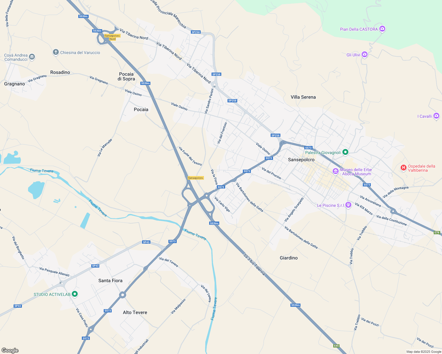 map of restaurants, bars, coffee shops, grocery stores, and more near Strada Statale 73 Senese Aretina in Sansepolcro