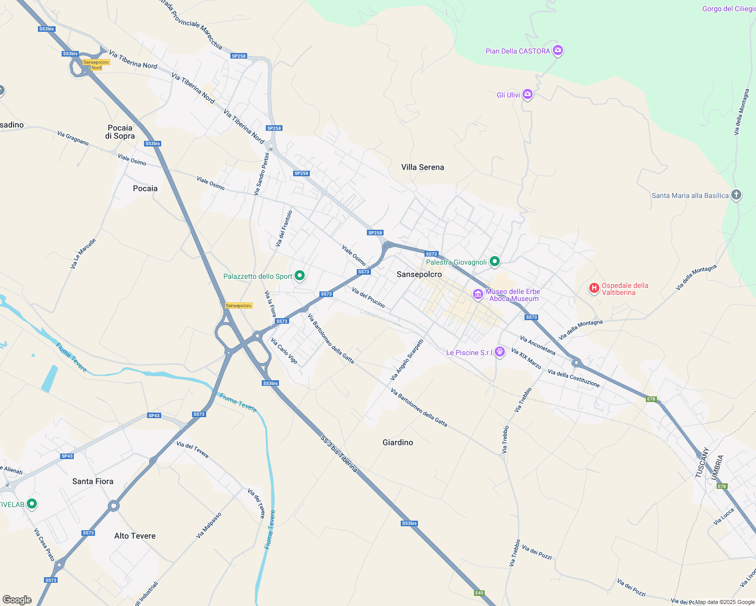 map of restaurants, bars, coffee shops, grocery stores, and more near 2E Via del Prucino in Sansepolcro
