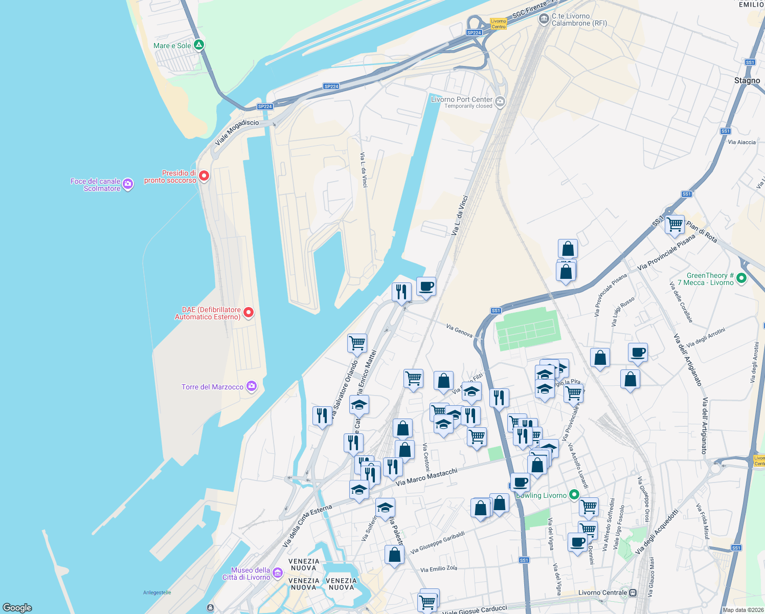 map of restaurants, bars, coffee shops, grocery stores, and more near 44 Via Orlando Salvatore in Livorno