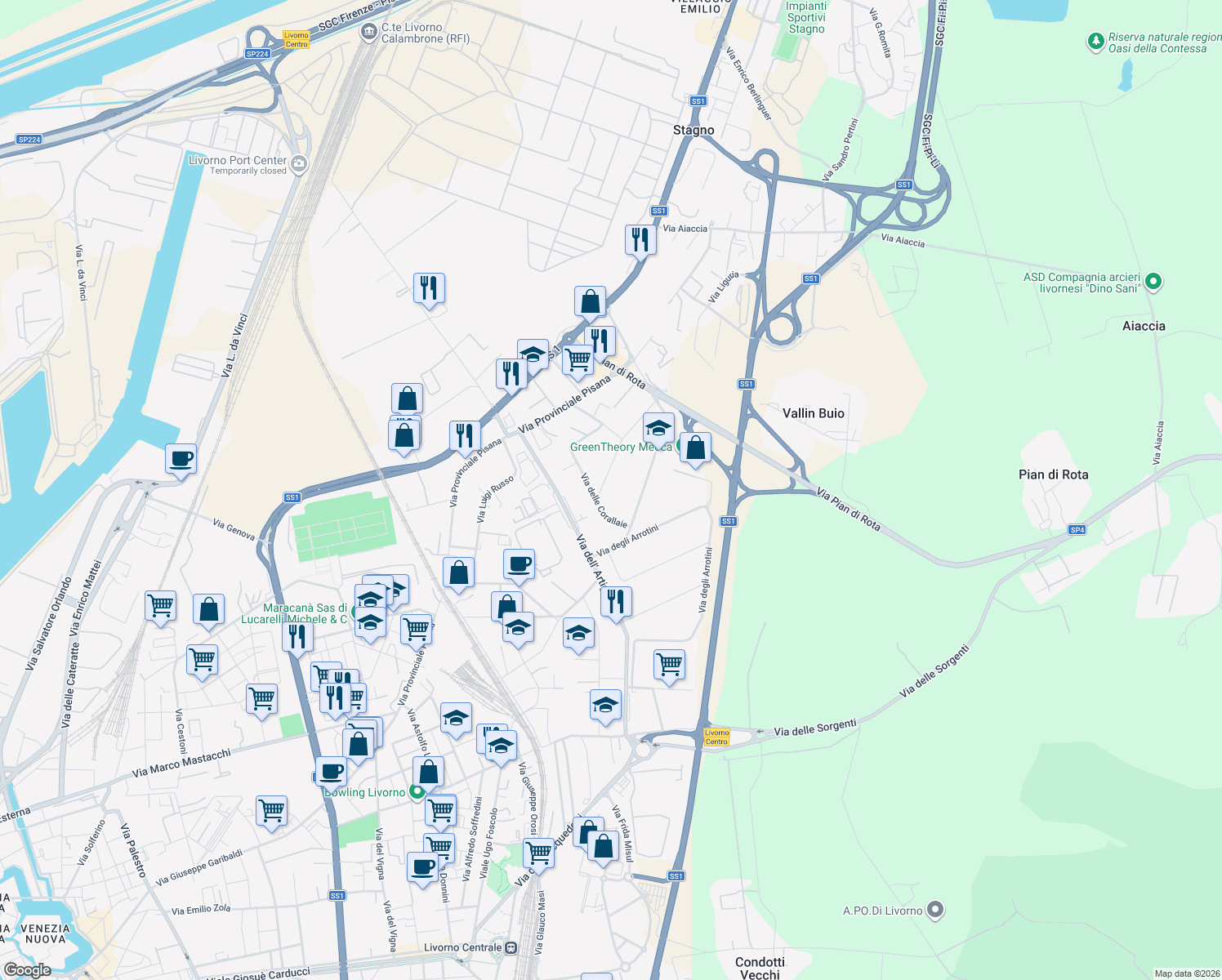 map of restaurants, bars, coffee shops, grocery stores, and more near 9a Via dei Materassai in Livorno