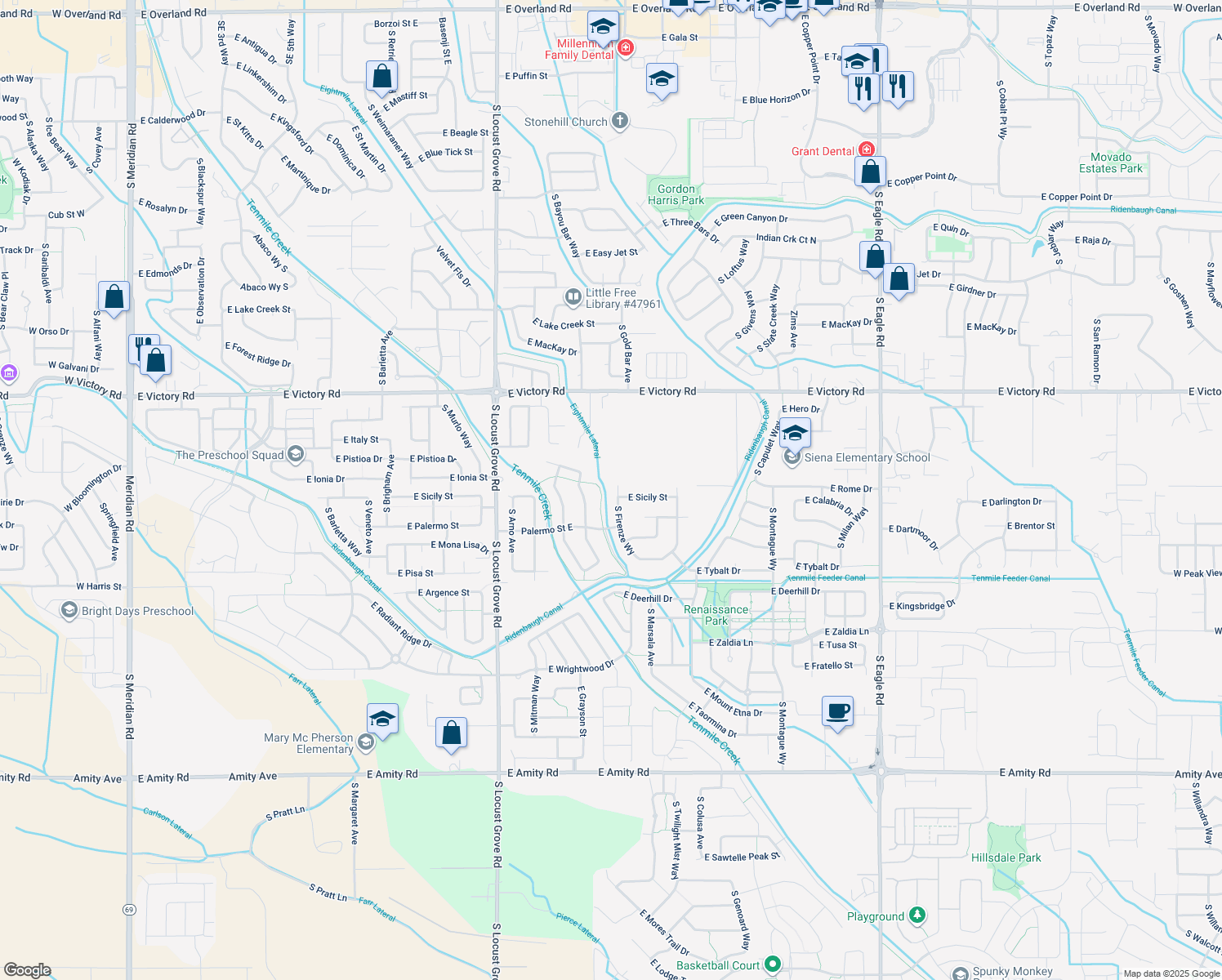 map of restaurants, bars, coffee shops, grocery stores, and more near 3607 South Firenze Way in Meridian