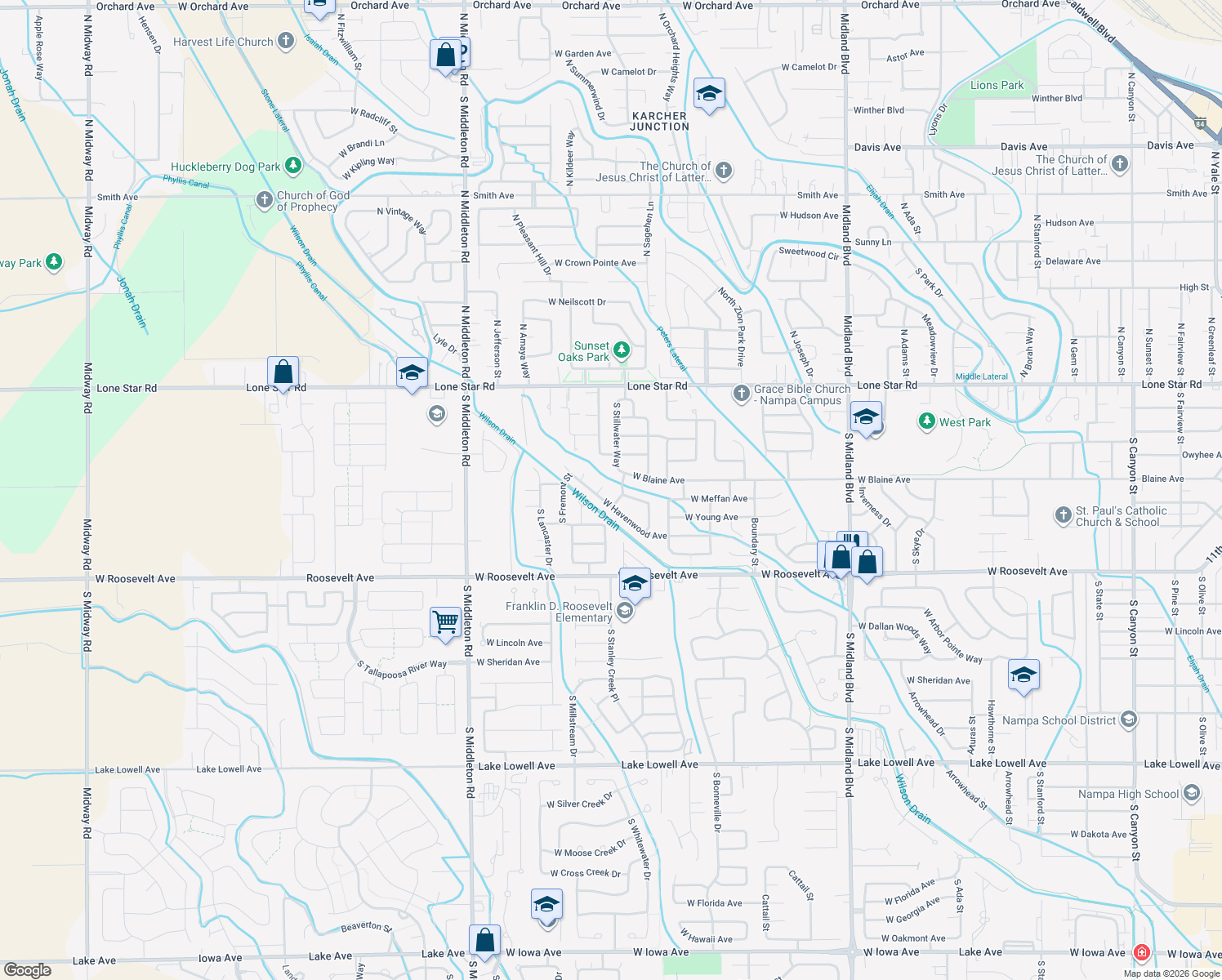 map of restaurants, bars, coffee shops, grocery stores, and more near 2014 W Havenwood Ave in Nampa