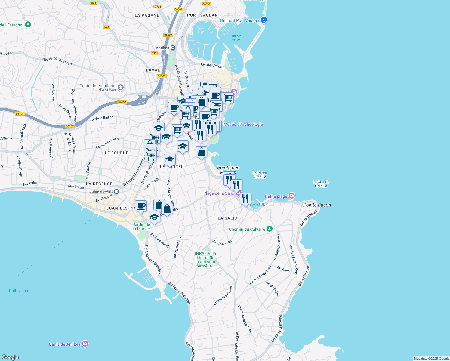 map of restaurants, bars, coffee shops, grocery stores, and more near 10 Boulevard James Wyllie in Antibes