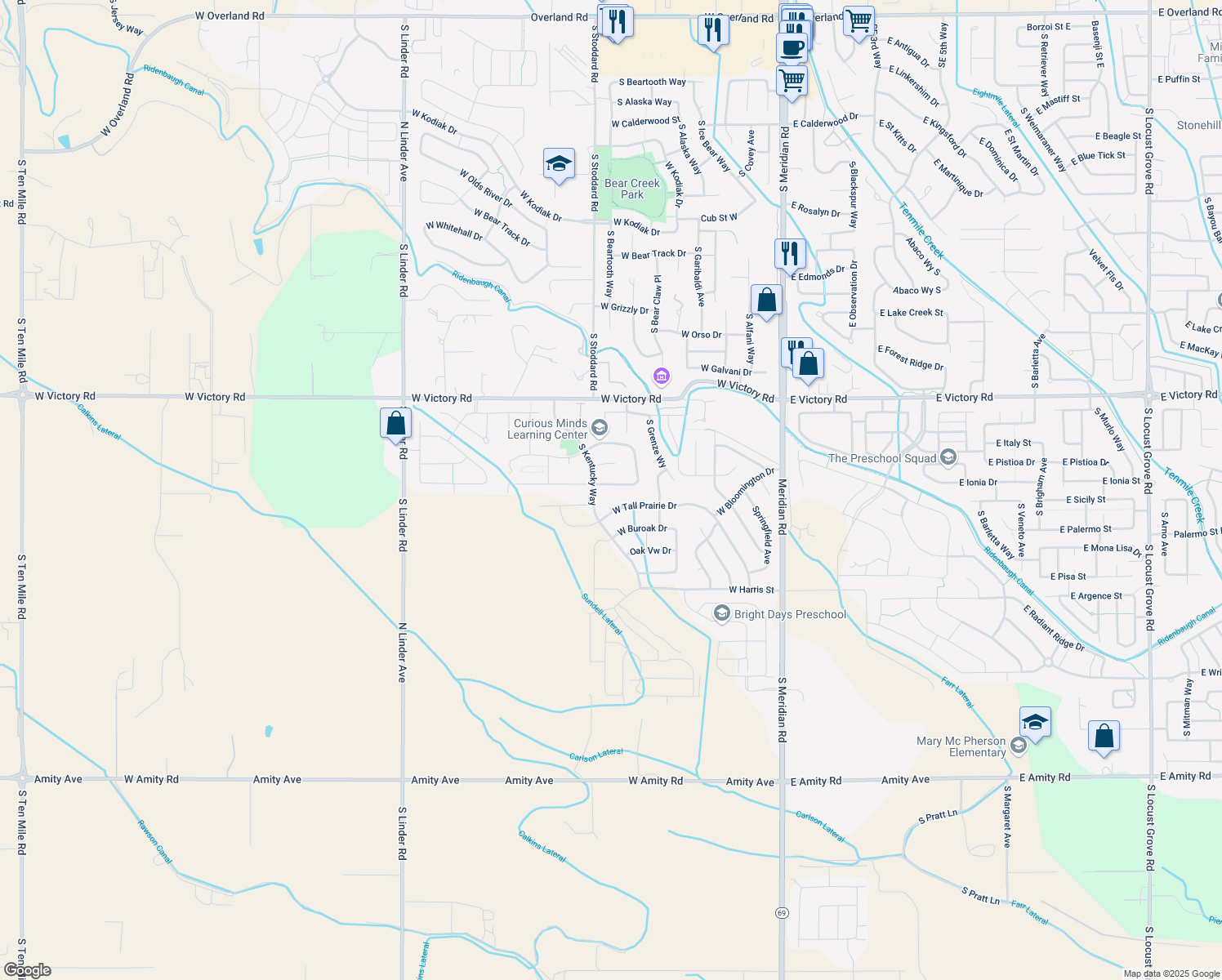map of restaurants, bars, coffee shops, grocery stores, and more near 715 West Blue Downs Street in Meridian