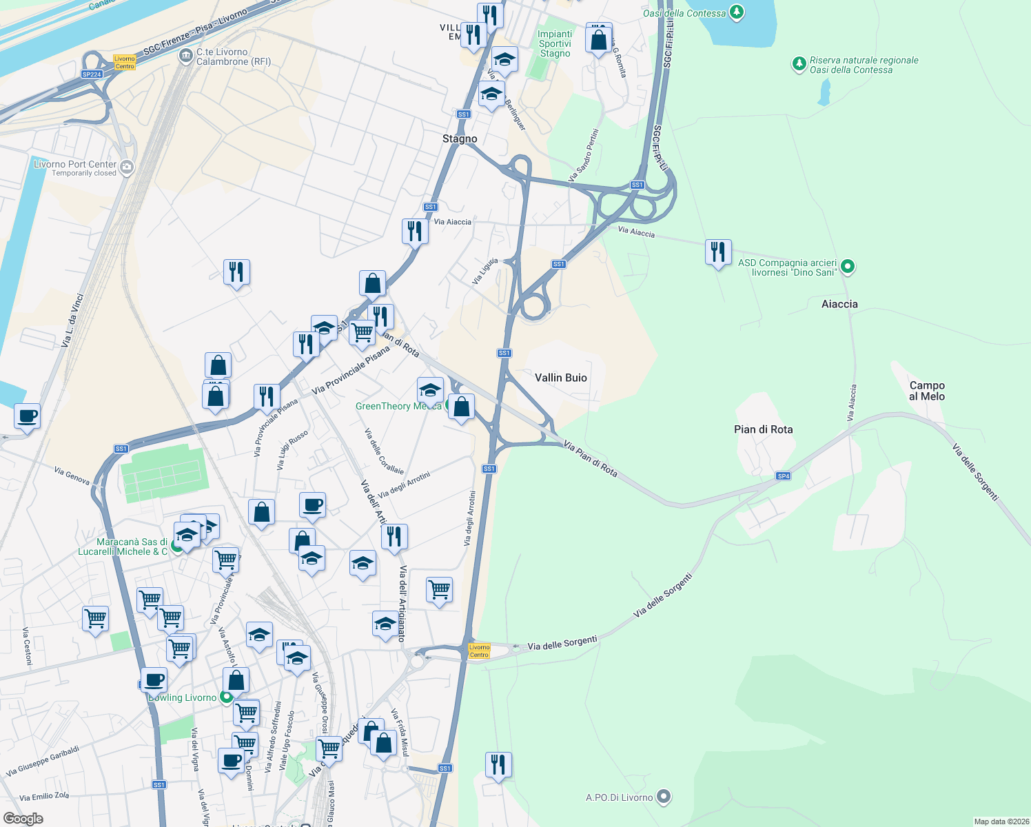 map of restaurants, bars, coffee shops, grocery stores, and more near 680 Variante Aurelia in Provincia di Livorno