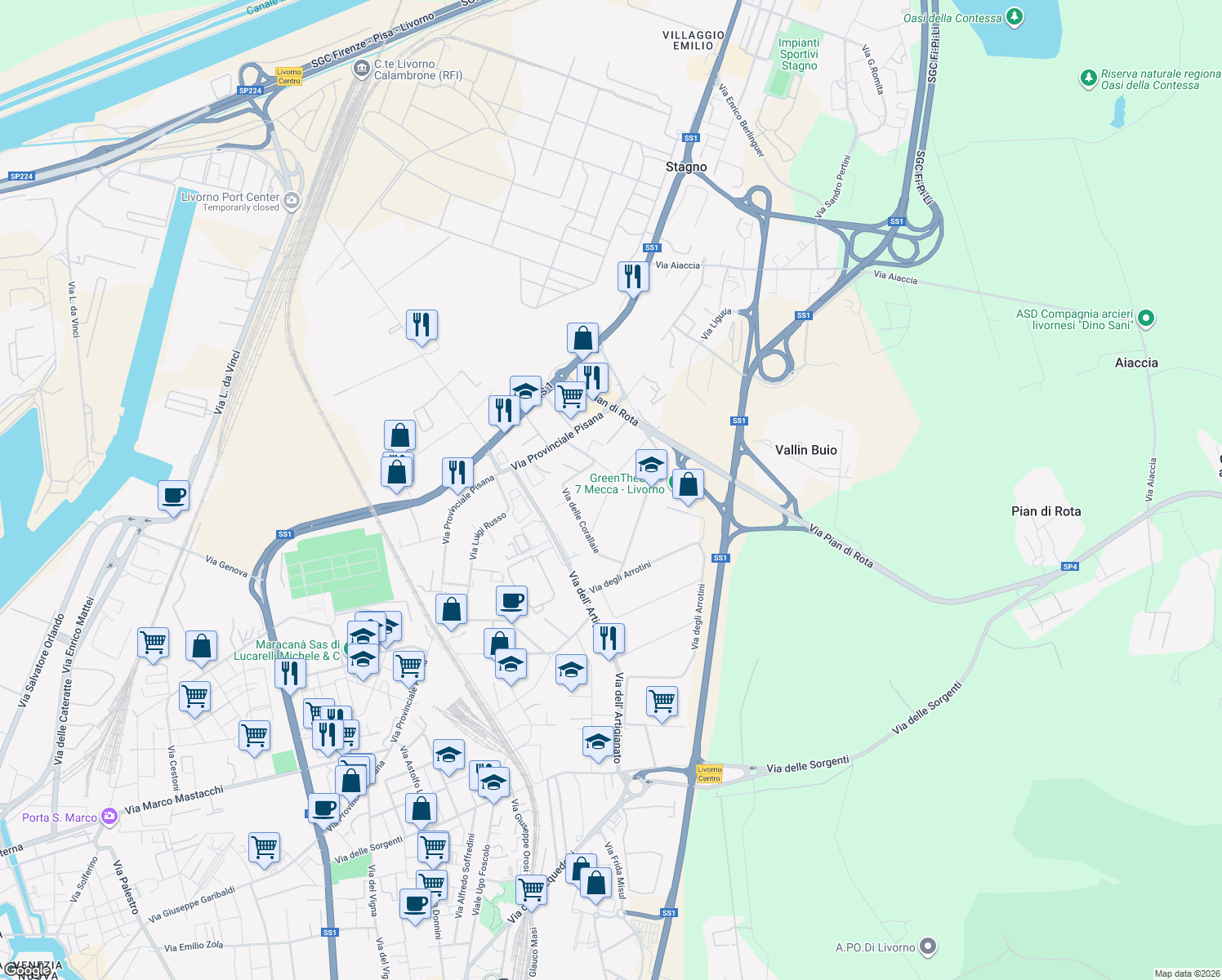 map of restaurants, bars, coffee shops, grocery stores, and more near Via degli Scalpellini in Livorno