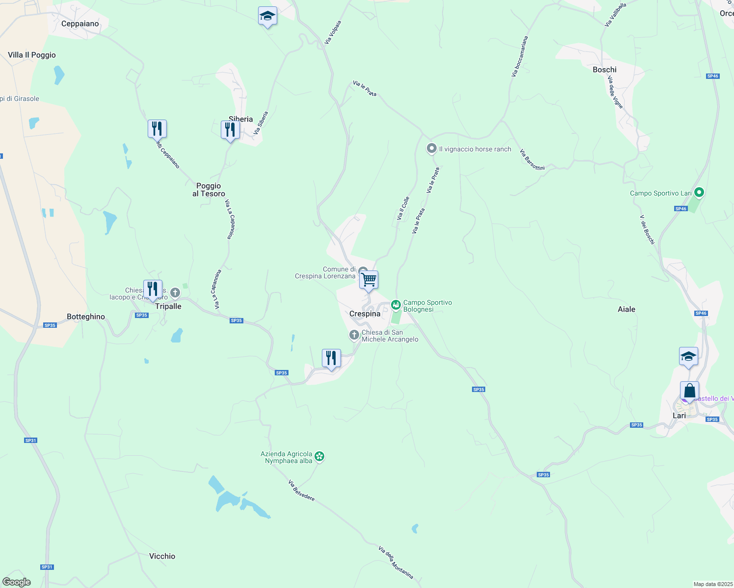 map of restaurants, bars, coffee shops, grocery stores, and more near 16 Via XXI Aprile in Crespina Lorenzana