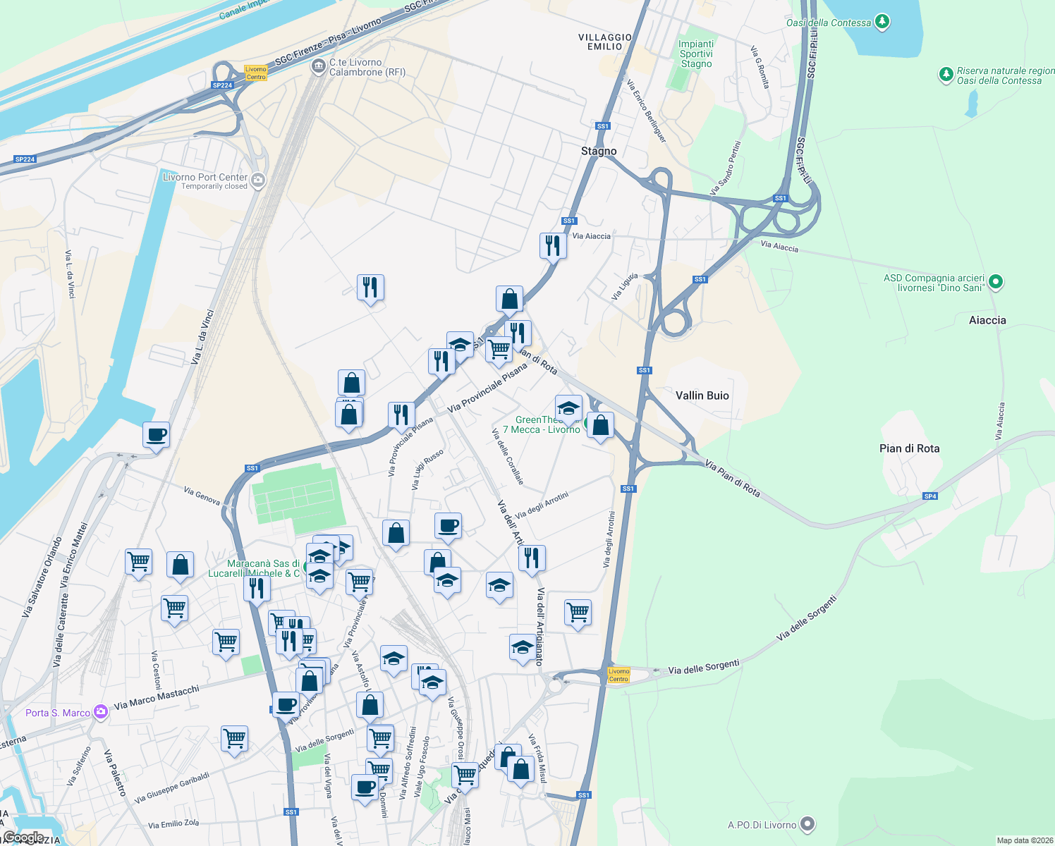 map of restaurants, bars, coffee shops, grocery stores, and more near 593 Via degli Scalpellini in Livorno