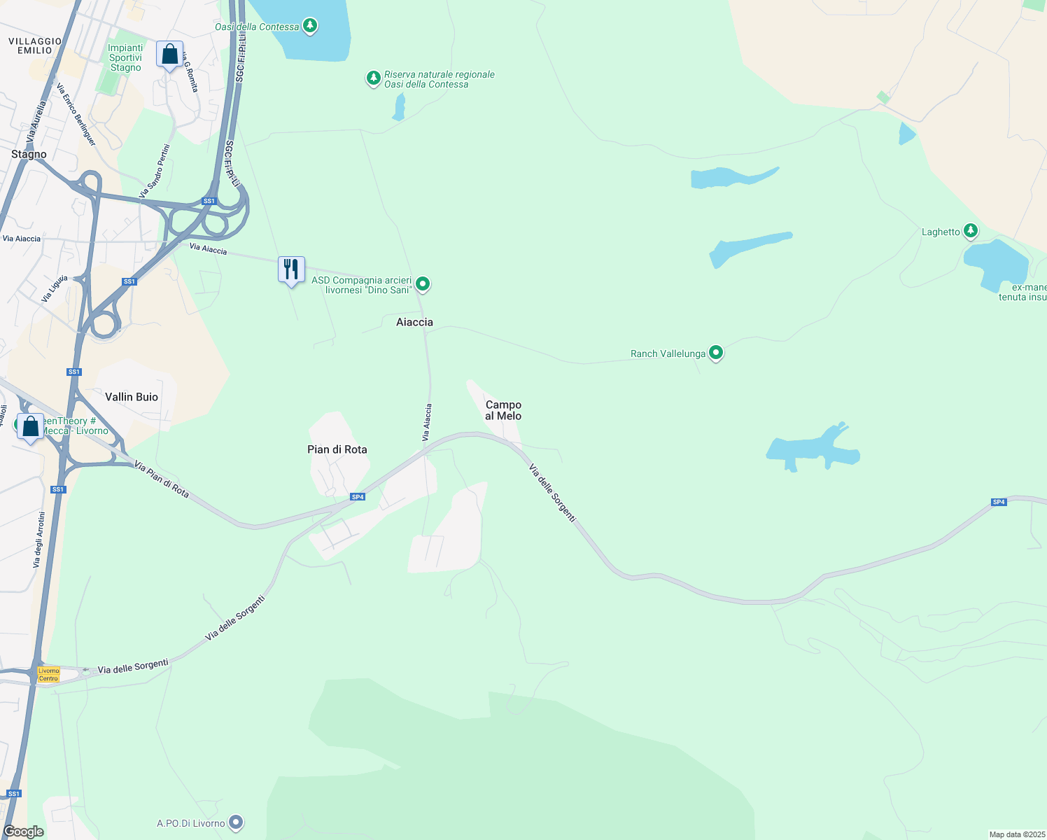 map of restaurants, bars, coffee shops, grocery stores, and more near 491 Via delle Sorgenti in Livorno