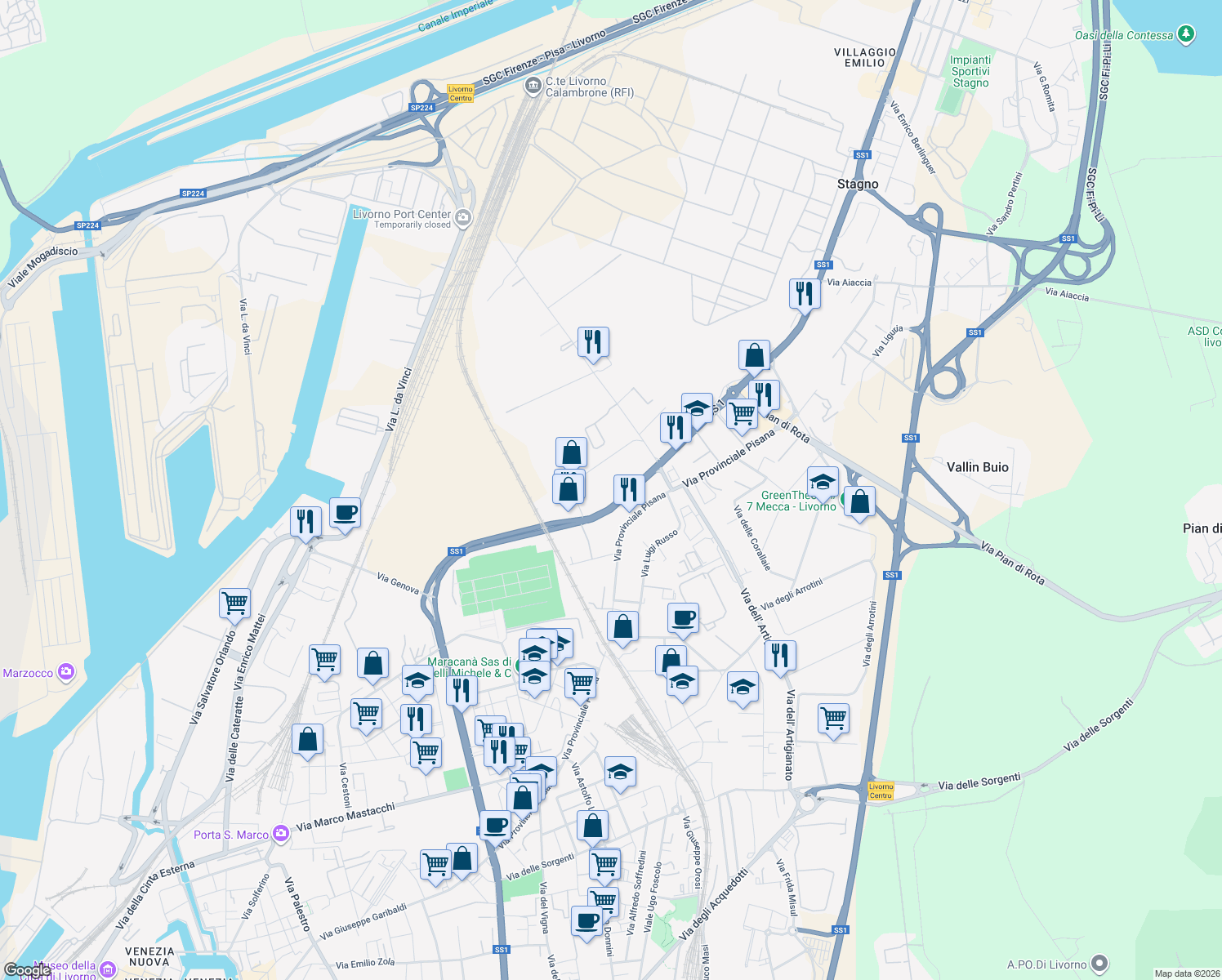 map of restaurants, bars, coffee shops, grocery stores, and more near 29 Via Firenze in Livorno