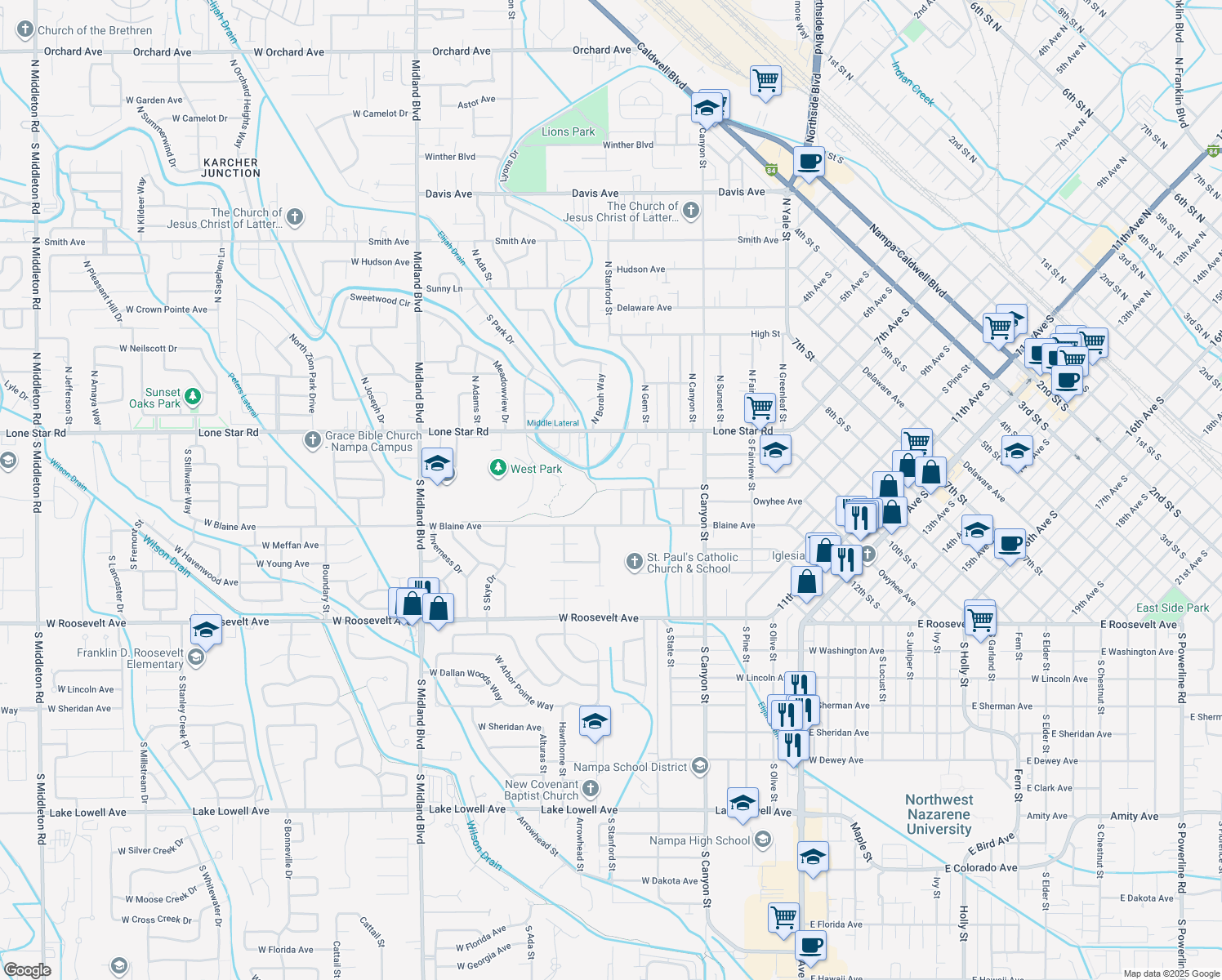 map of restaurants, bars, coffee shops, grocery stores, and more near 541 Shoshone Avenue in Nampa