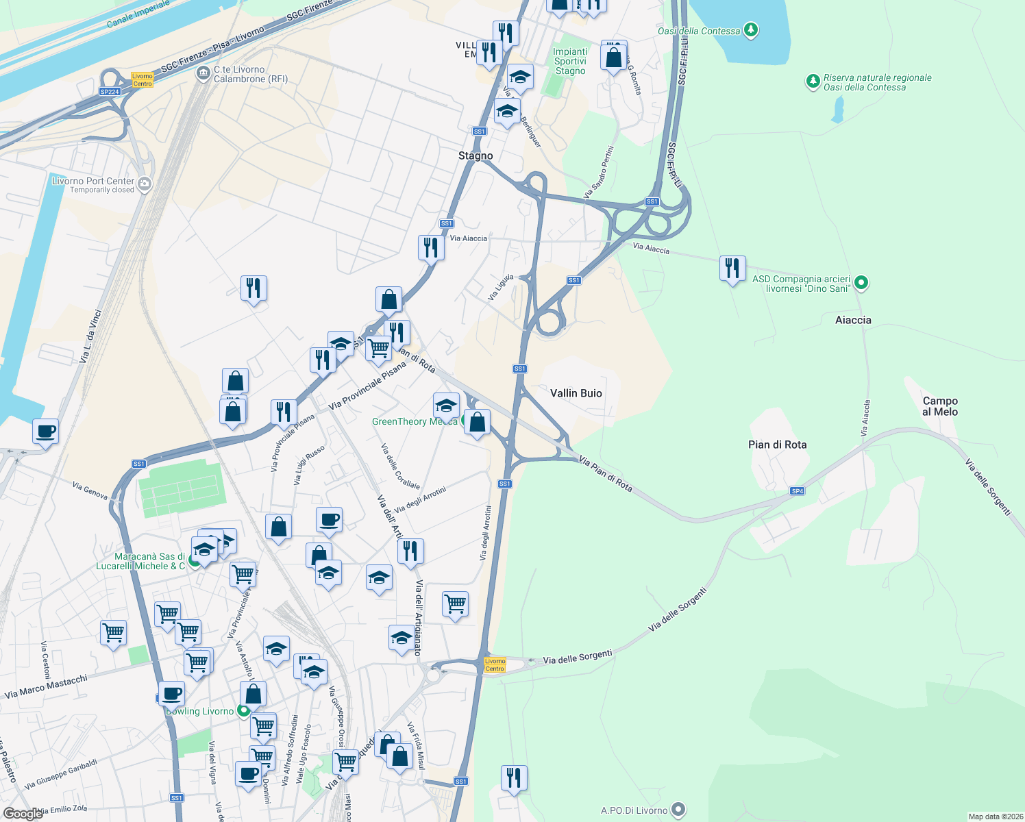 map of restaurants, bars, coffee shops, grocery stores, and more near 680 Variante Aurelia in Provincia di Livorno