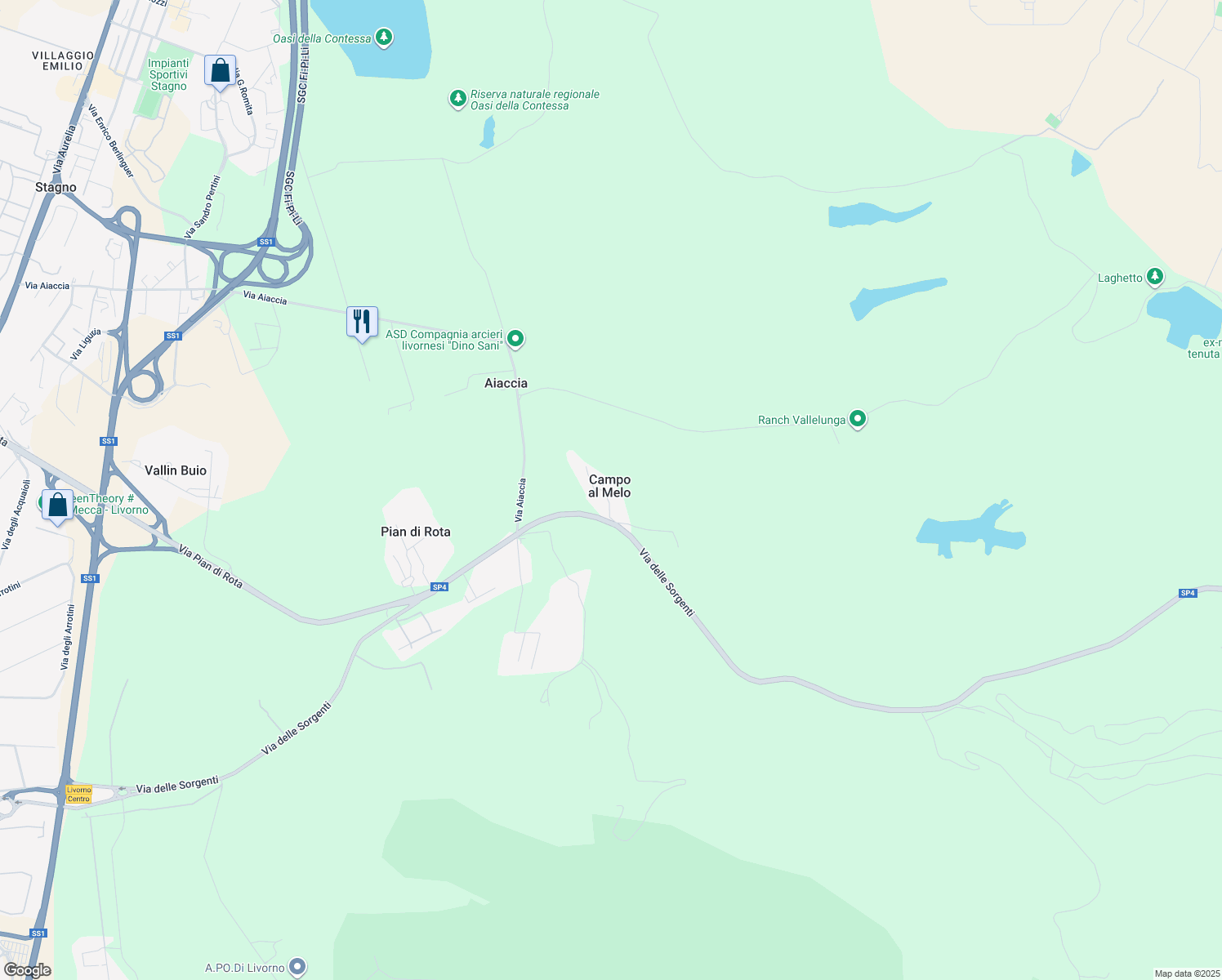 map of restaurants, bars, coffee shops, grocery stores, and more near 491 Via delle Sorgenti in Livorno