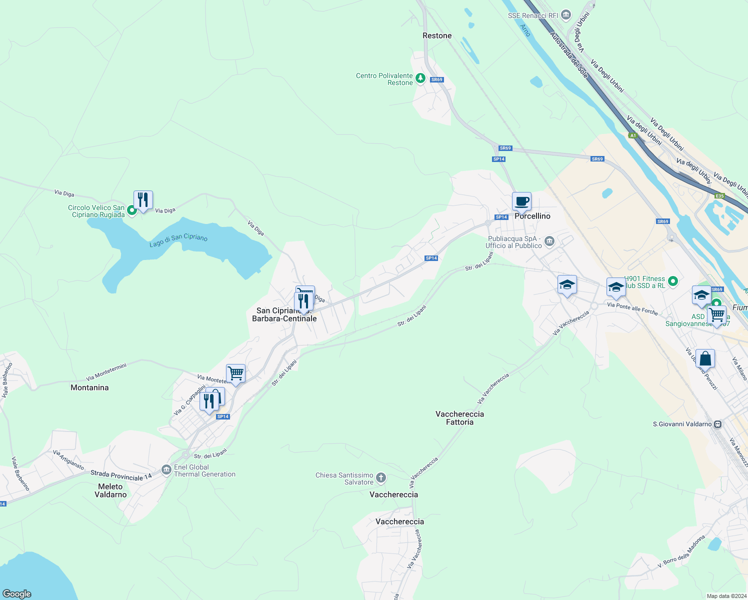 map of restaurants, bars, coffee shops, grocery stores, and more near Strada Provinciale delle Miniere in Santa Barbara