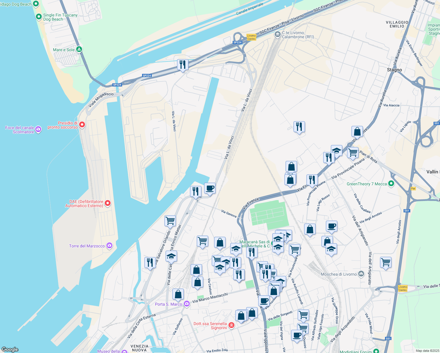 map of restaurants, bars, coffee shops, grocery stores, and more near 10/B Via L. da Vinci in Livorno