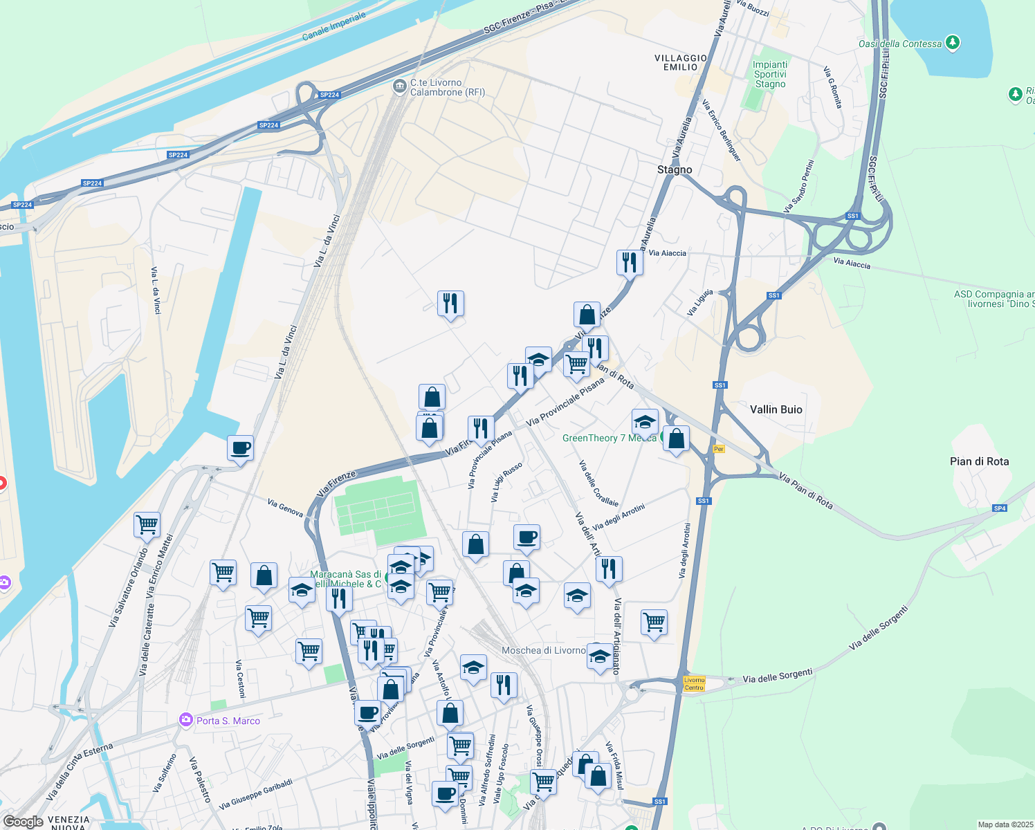map of restaurants, bars, coffee shops, grocery stores, and more near 6 Via Nord in Livorno