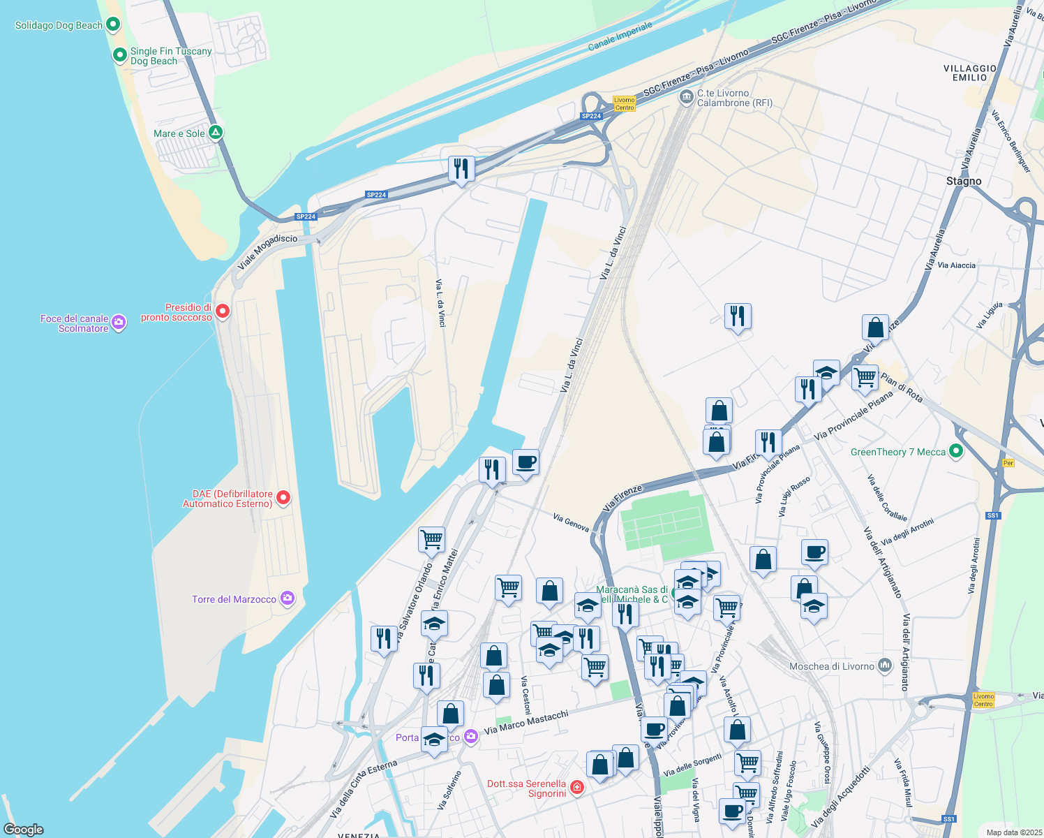 map of restaurants, bars, coffee shops, grocery stores, and more near 3 Via L. da Vinci in Livorno