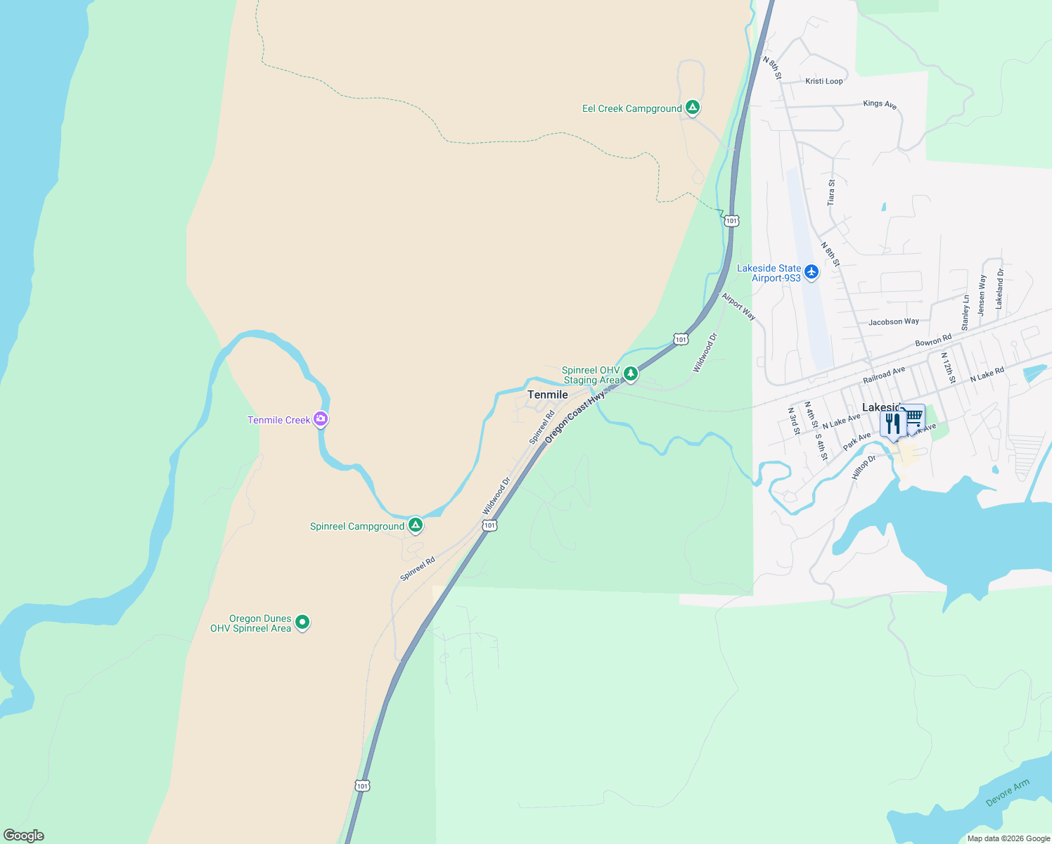 map of restaurants, bars, coffee shops, grocery stores, and more near 67604 Spinreel Road in North Bend