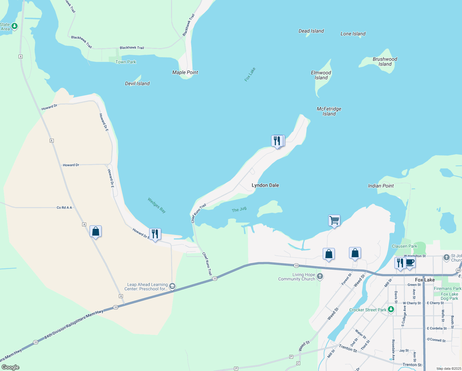 map of restaurants, bars, coffee shops, grocery stores, and more near N10481 Chief Kuno Trail in Fox Lake