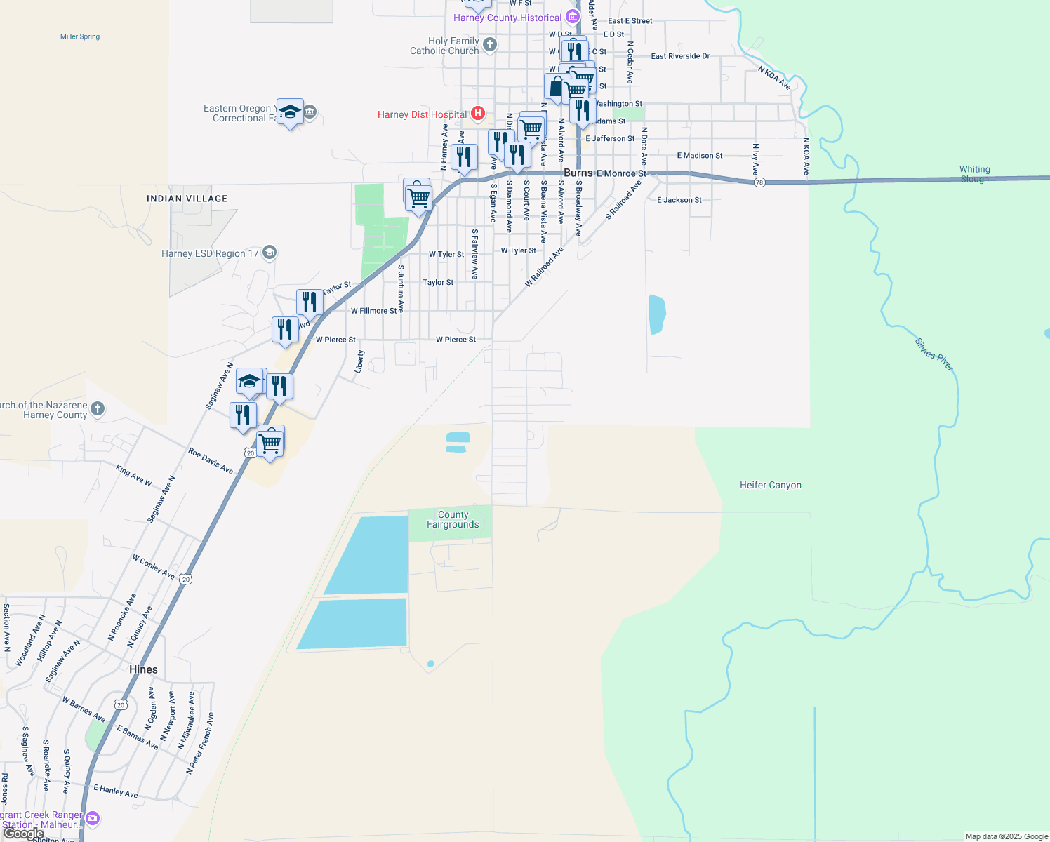map of restaurants, bars, coffee shops, grocery stores, and more near 311 West Hayes Street in Burns