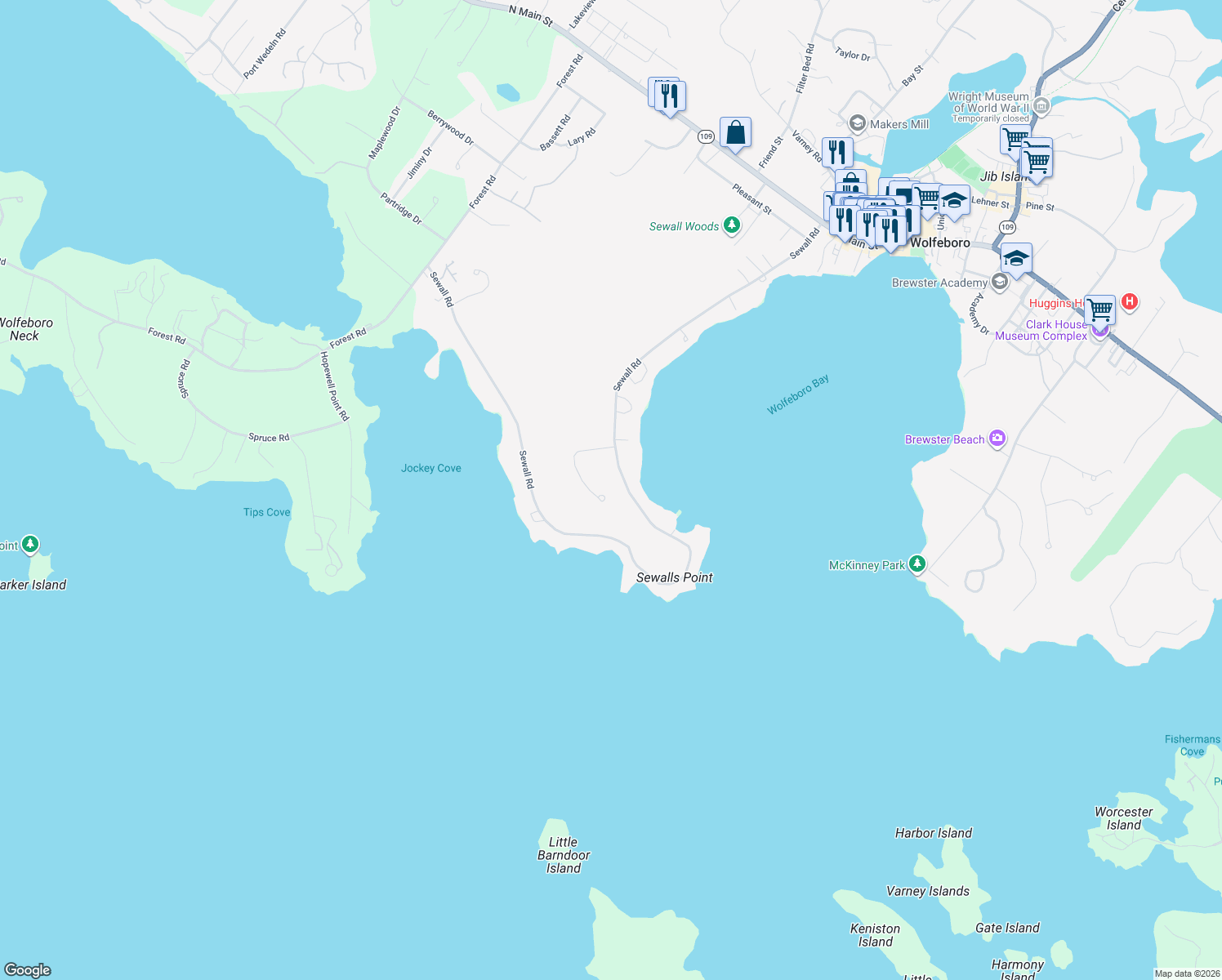 map of restaurants, bars, coffee shops, grocery stores, and more near 21 Point Sewall Road in Wolfeboro