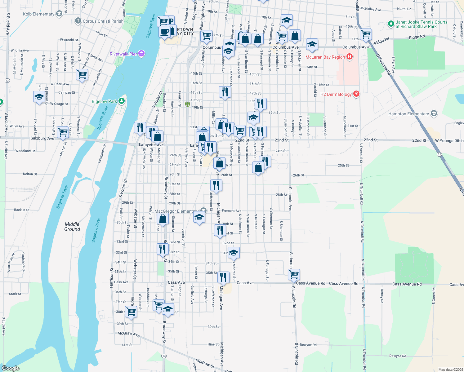 map of restaurants, bars, coffee shops, grocery stores, and more near 1518 S Monroe St in Bay City