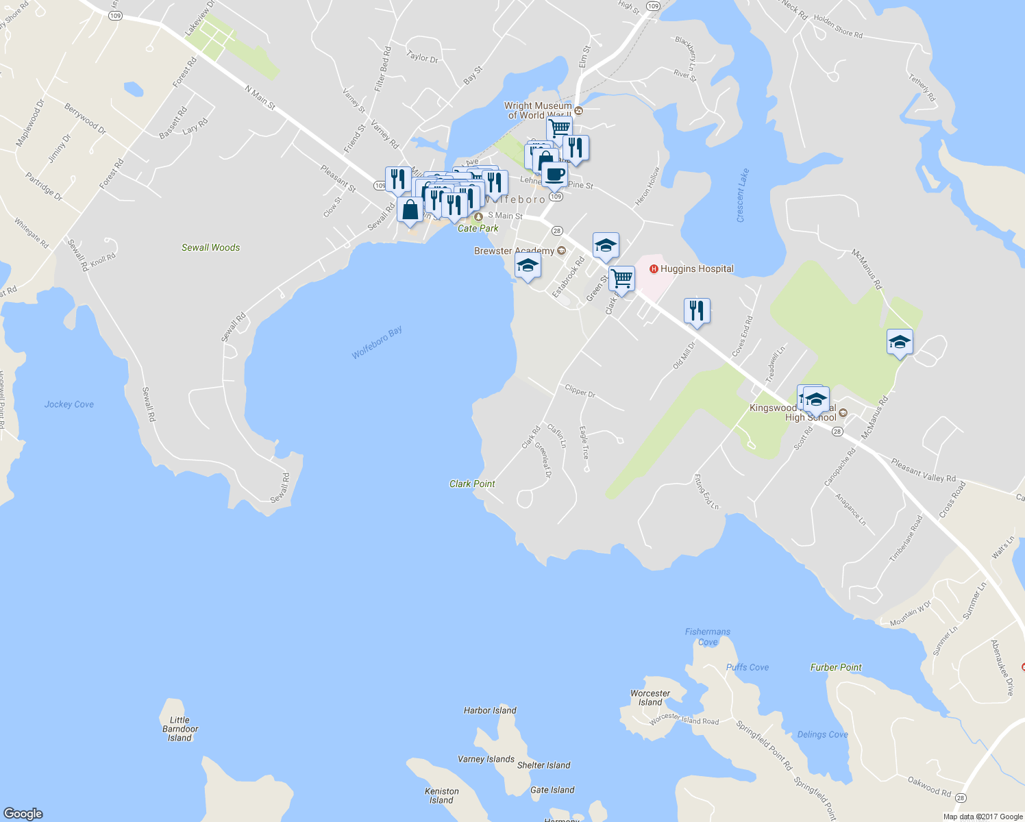 map of restaurants, bars, coffee shops, grocery stores, and more near 111 Clark Road in Wolfeboro