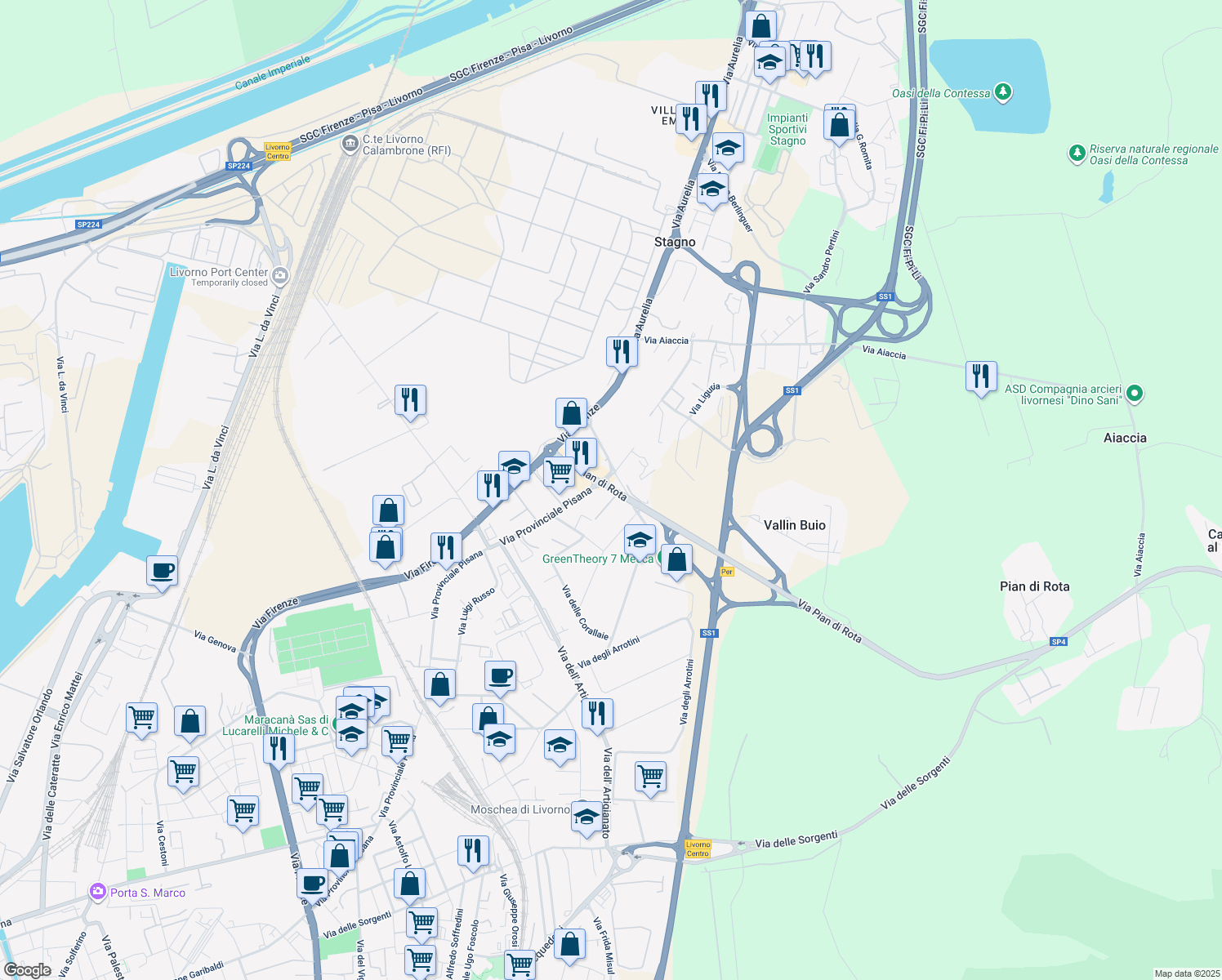 map of restaurants, bars, coffee shops, grocery stores, and more near 16 Via degli Acquaioli in Livorno