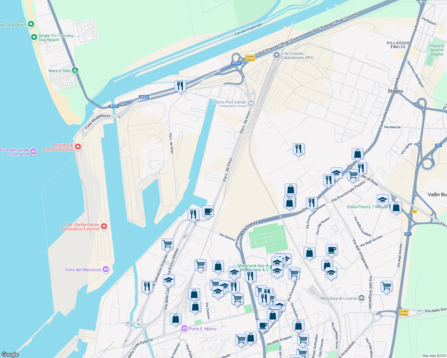 map of restaurants, bars, coffee shops, grocery stores, and more near 12 Via L. da Vinci in Livorno