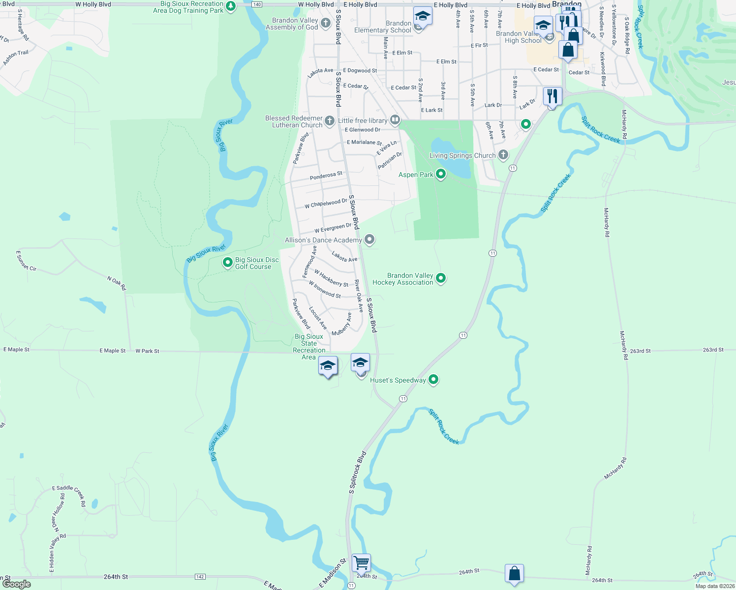 map of restaurants, bars, coffee shops, grocery stores, and more near 1430 S Sioux Blvd in Brandon