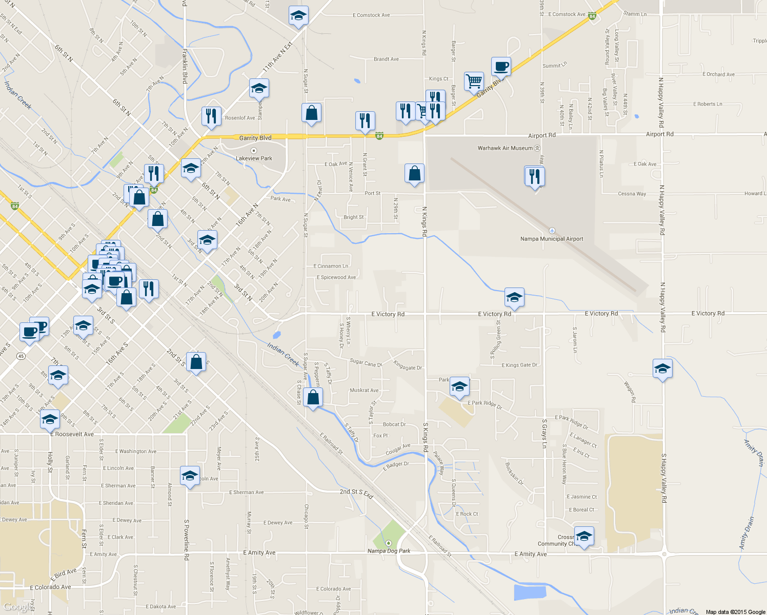 map of restaurants, bars, coffee shops, grocery stores, and more near 2804 East Victory Road in Nampa