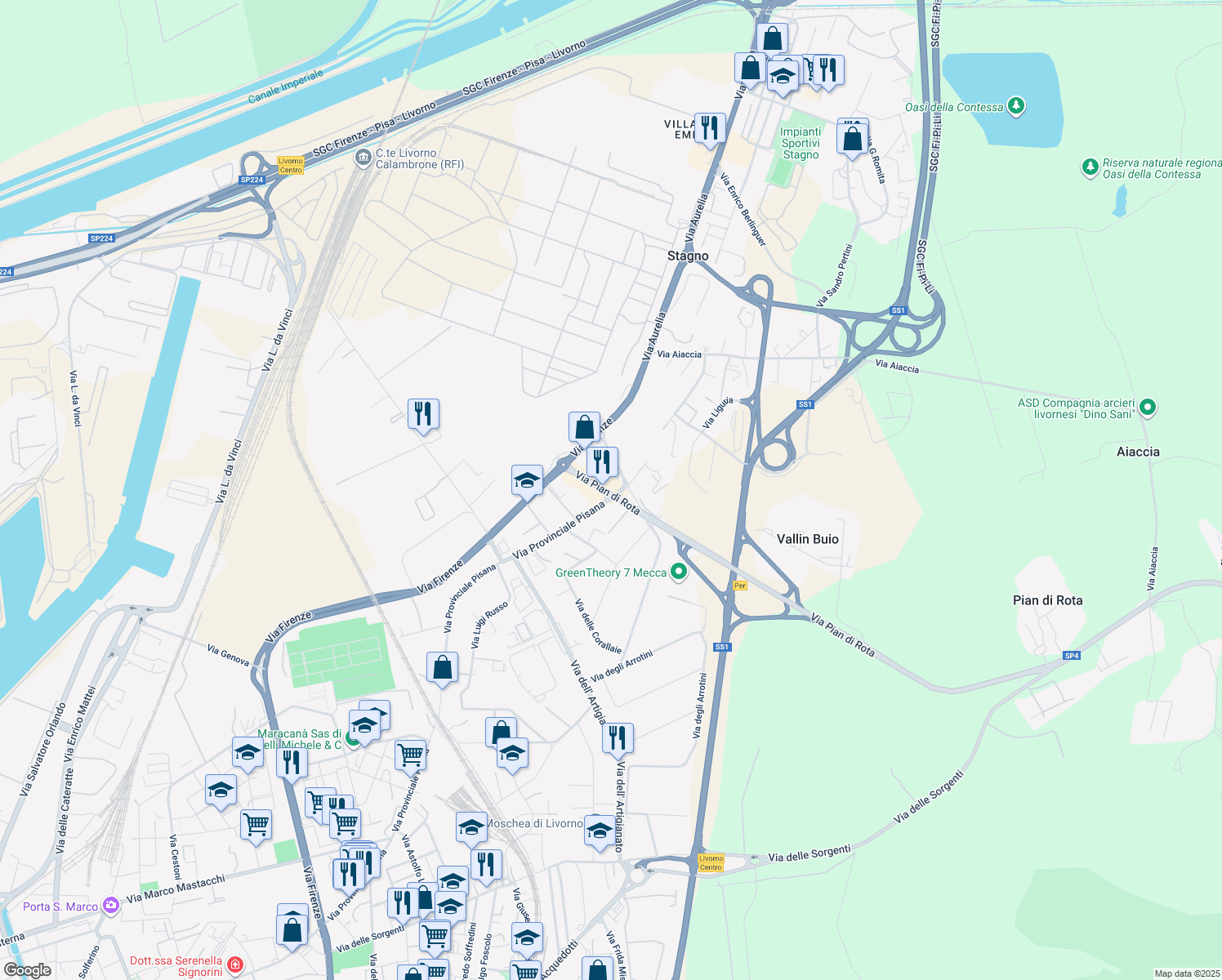 map of restaurants, bars, coffee shops, grocery stores, and more near 8 Via Pian di Rota in Livorno