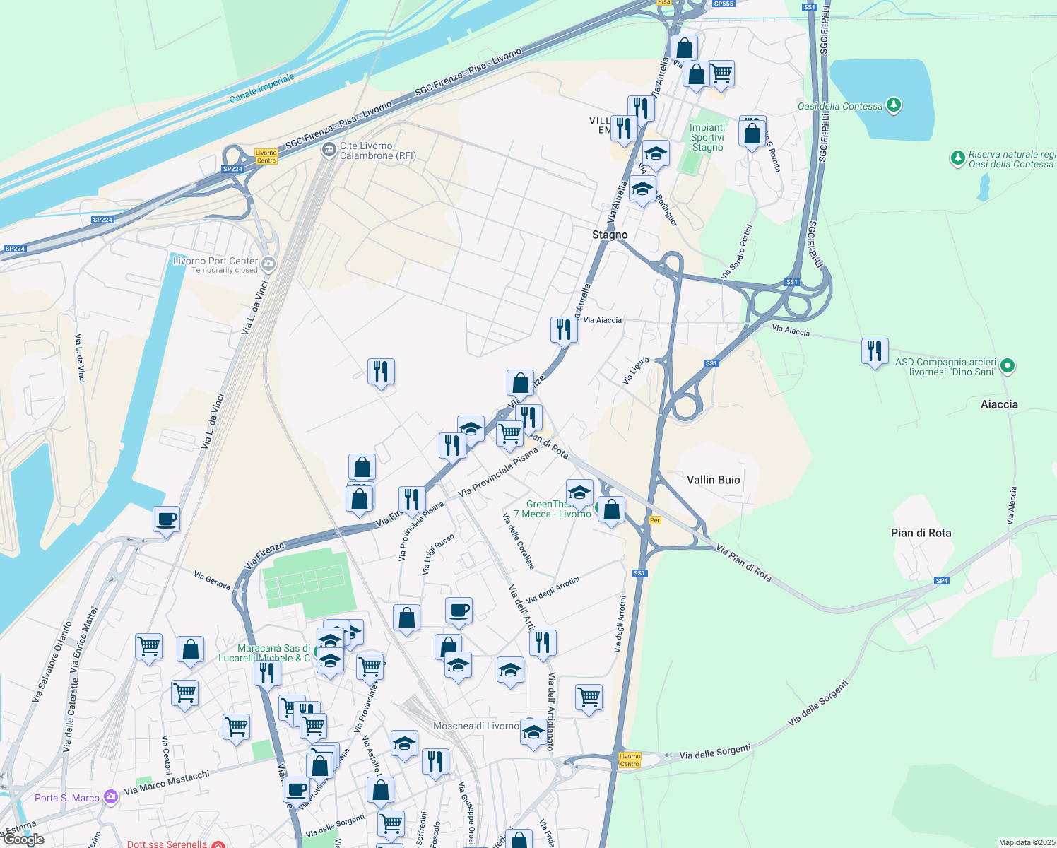 map of restaurants, bars, coffee shops, grocery stores, and more near 8 Via Pian di Rota in Livorno