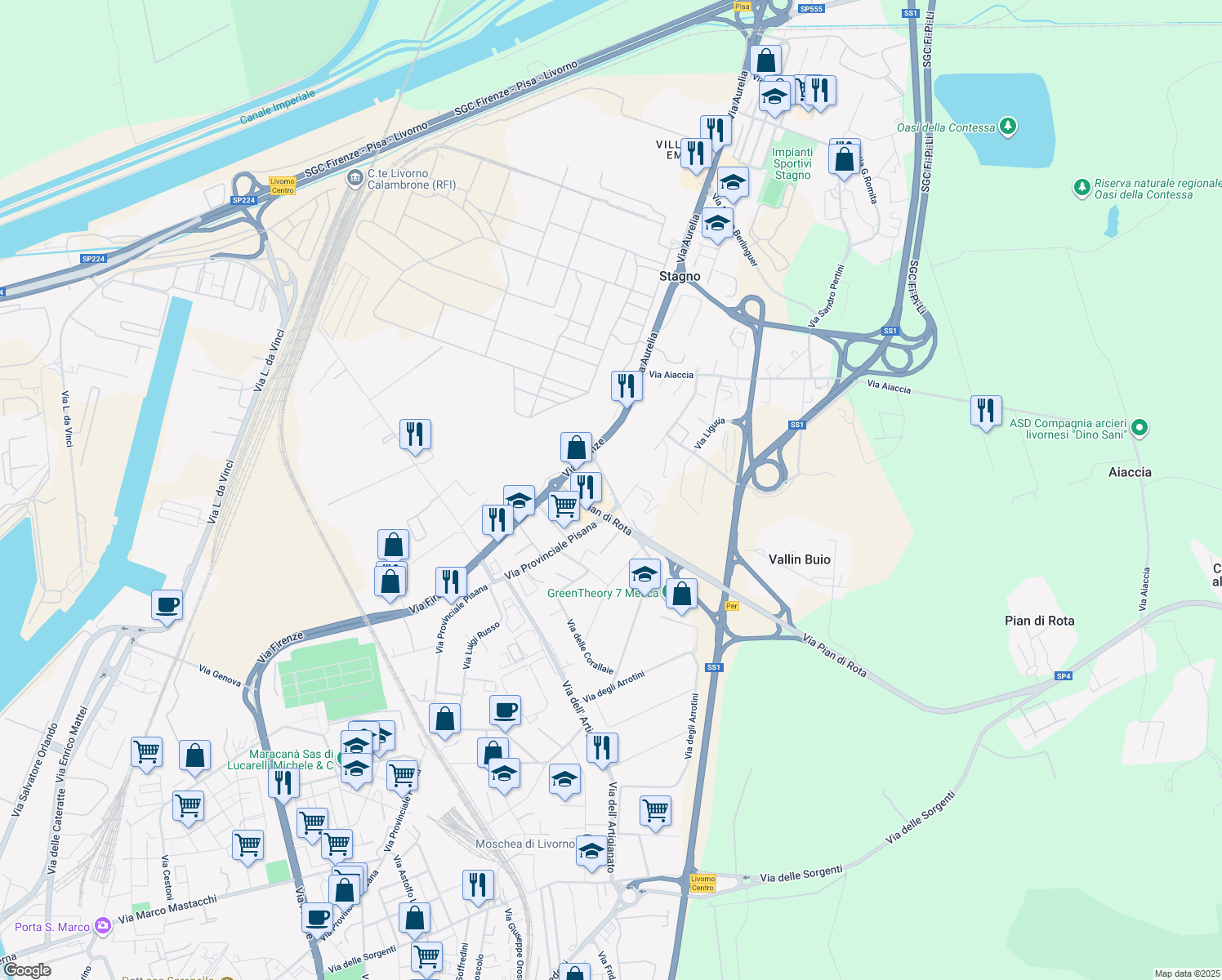 map of restaurants, bars, coffee shops, grocery stores, and more near 16 Via degli Acquaioli in Livorno