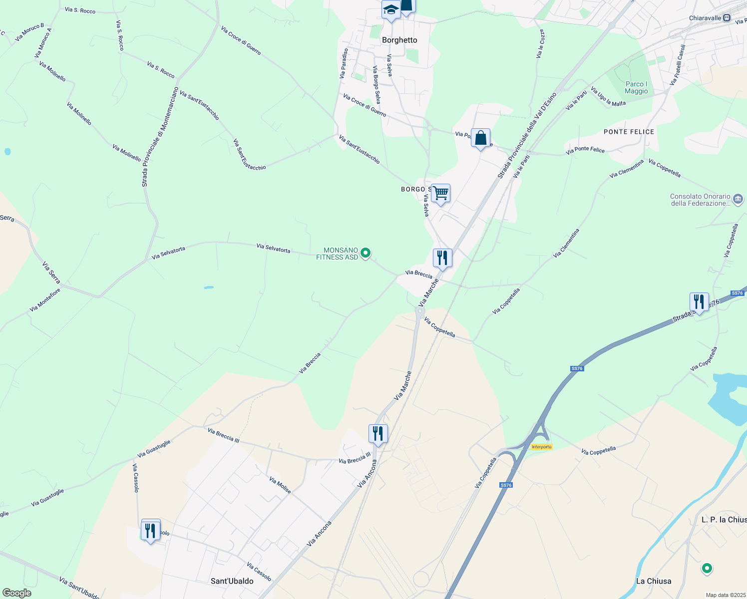map of restaurants, bars, coffee shops, grocery stores, and more near 25 Via Breccia in Ancona