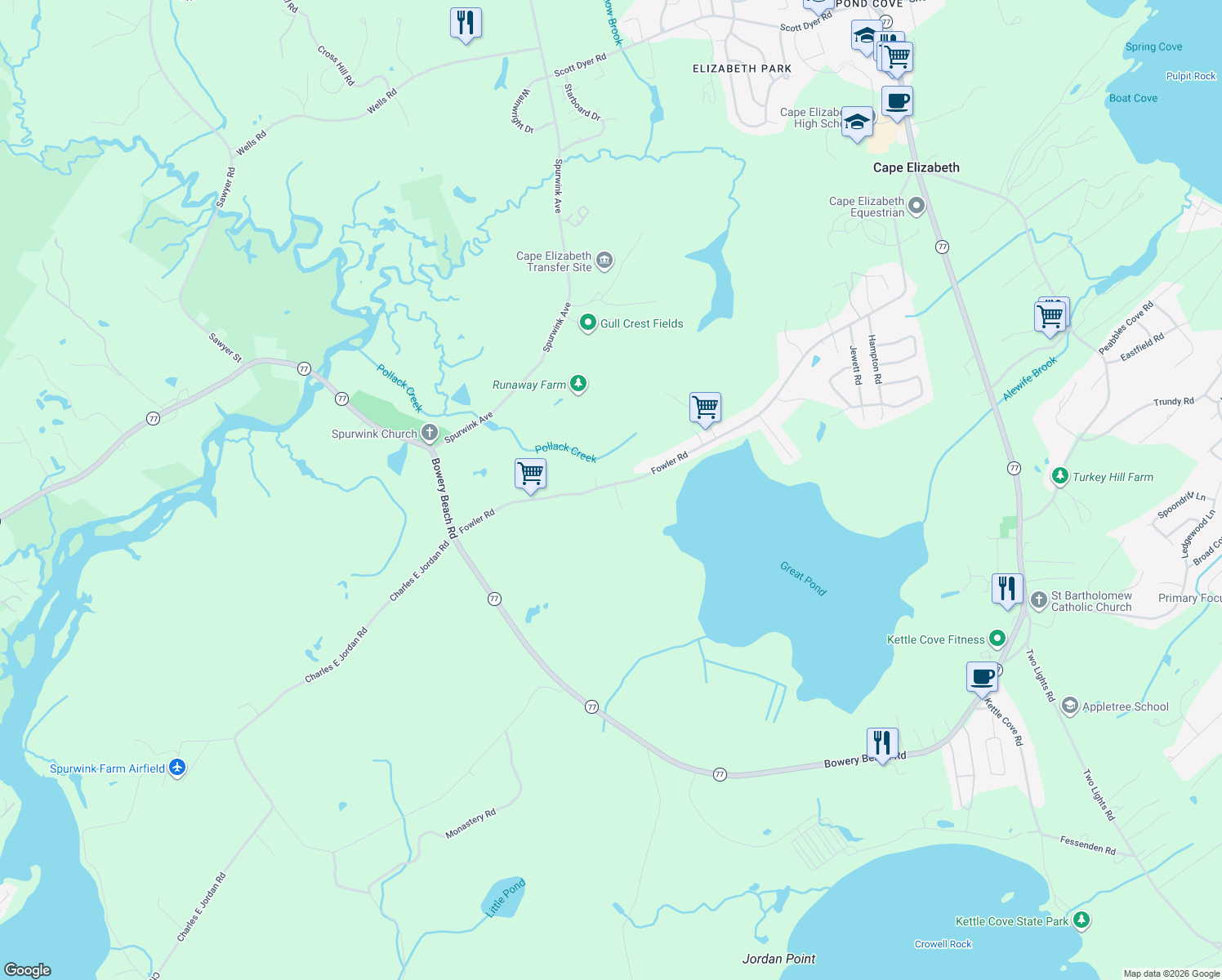map of restaurants, bars, coffee shops, grocery stores, and more near 270 Fowler Road in Cape Elizabeth