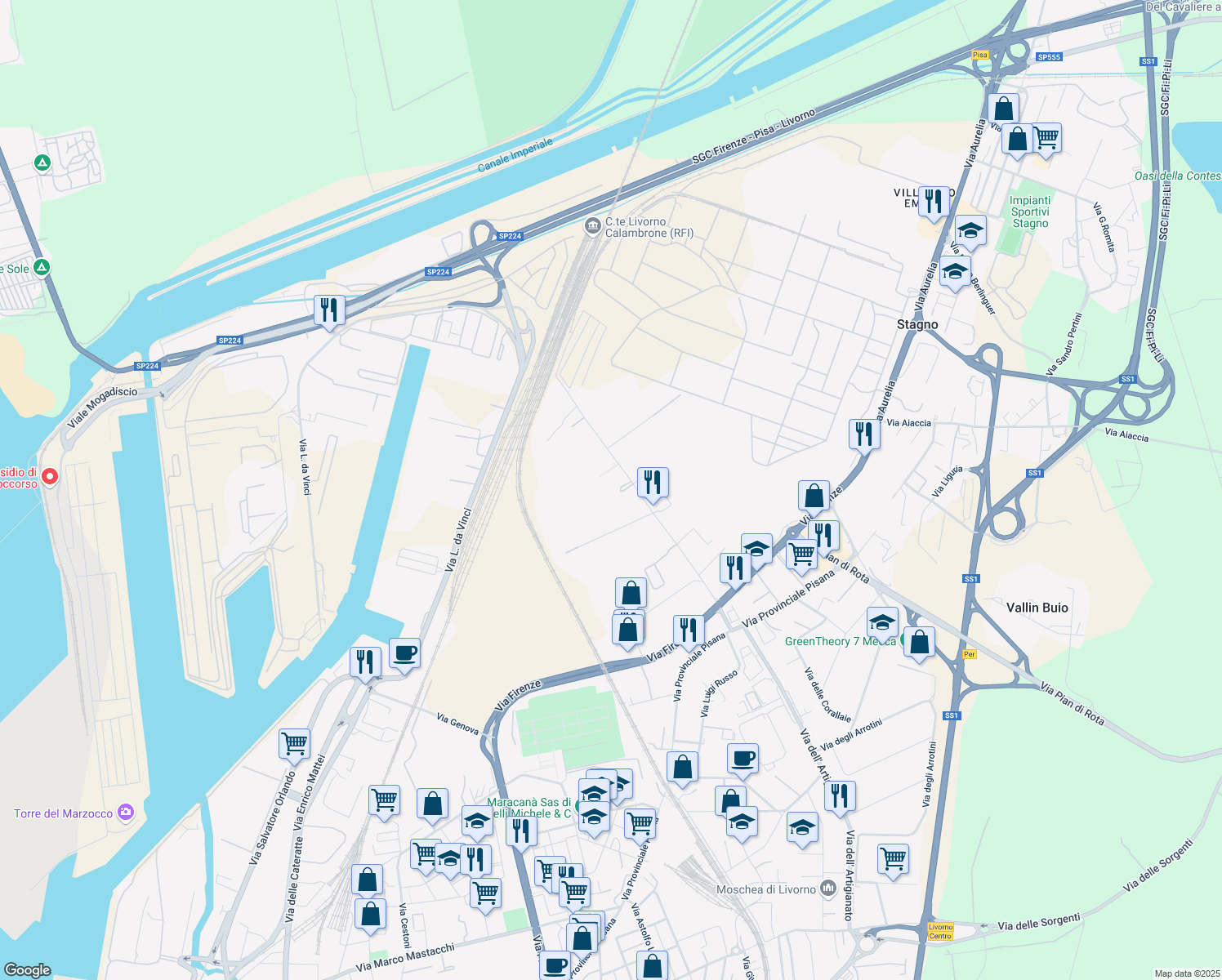 map of restaurants, bars, coffee shops, grocery stores, and more near 35 Via Federigo Enriques in Livorno