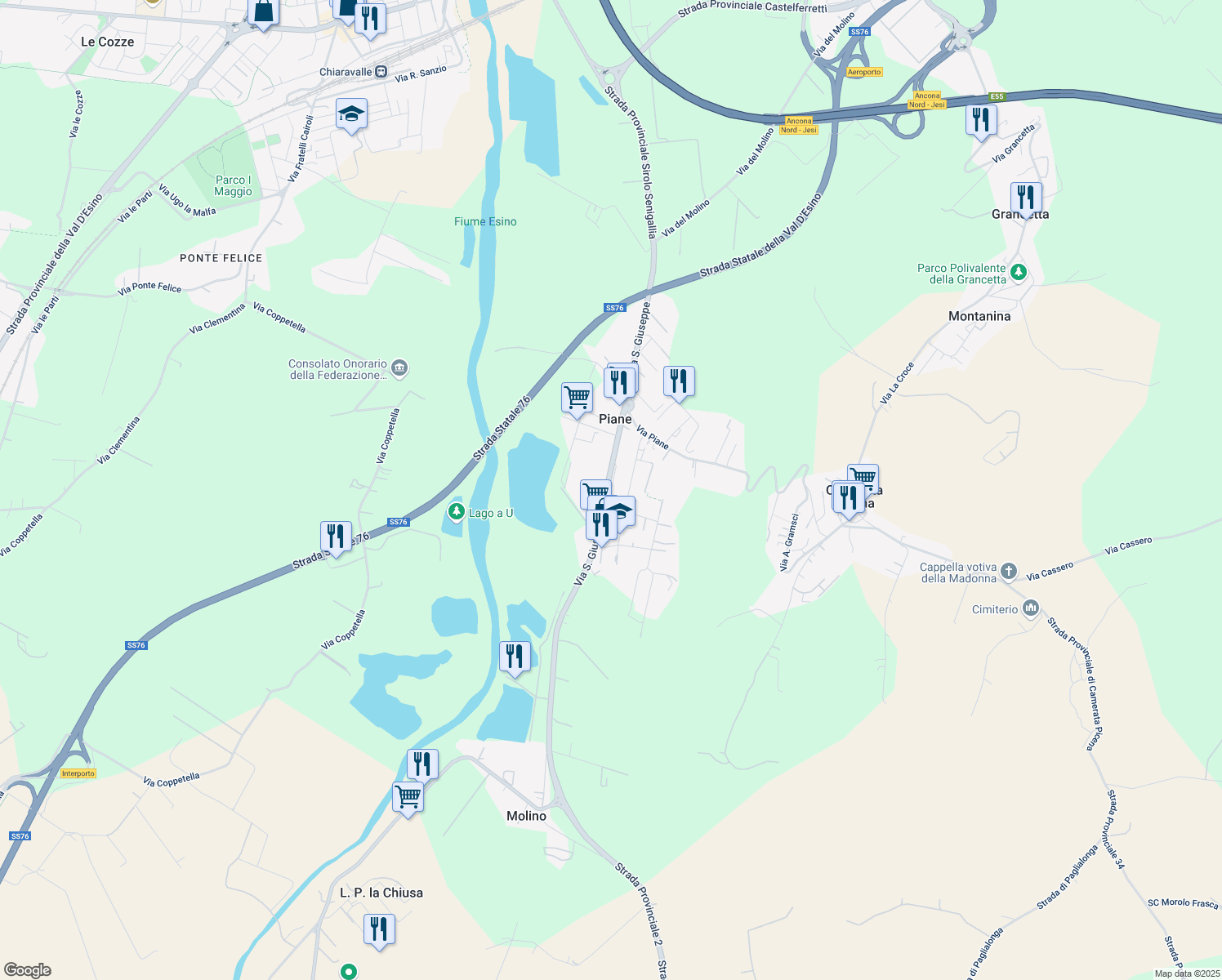 map of restaurants, bars, coffee shops, grocery stores, and more near 49B Via San Giuseppe in Piane