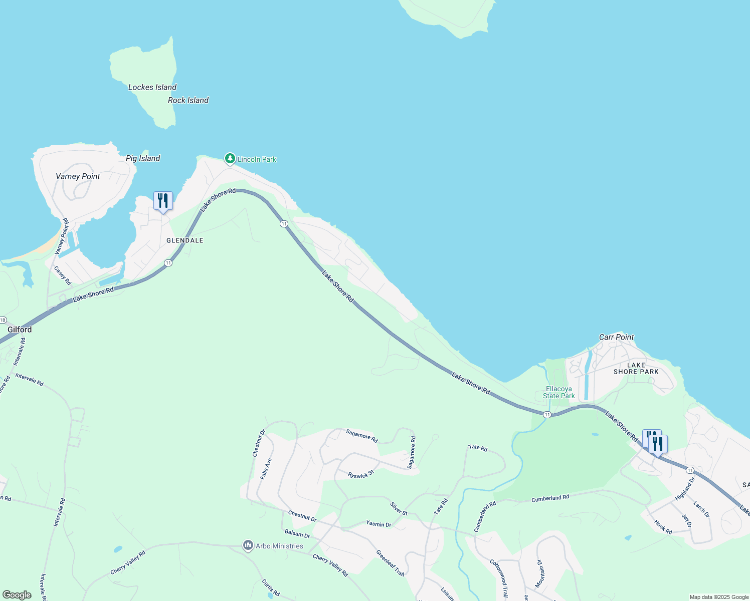 map of restaurants, bars, coffee shops, grocery stores, and more near 87 Scenic Drive in Gilford