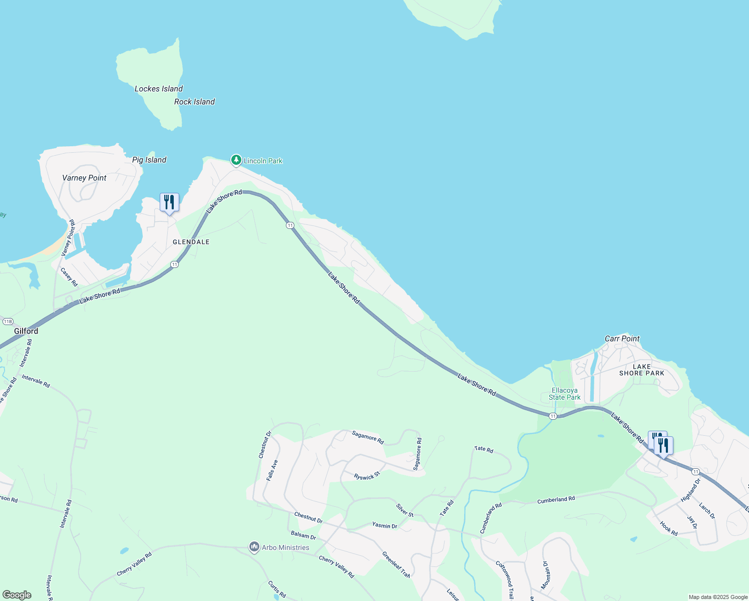 map of restaurants, bars, coffee shops, grocery stores, and more near 87 Scenic Drive in Gilford